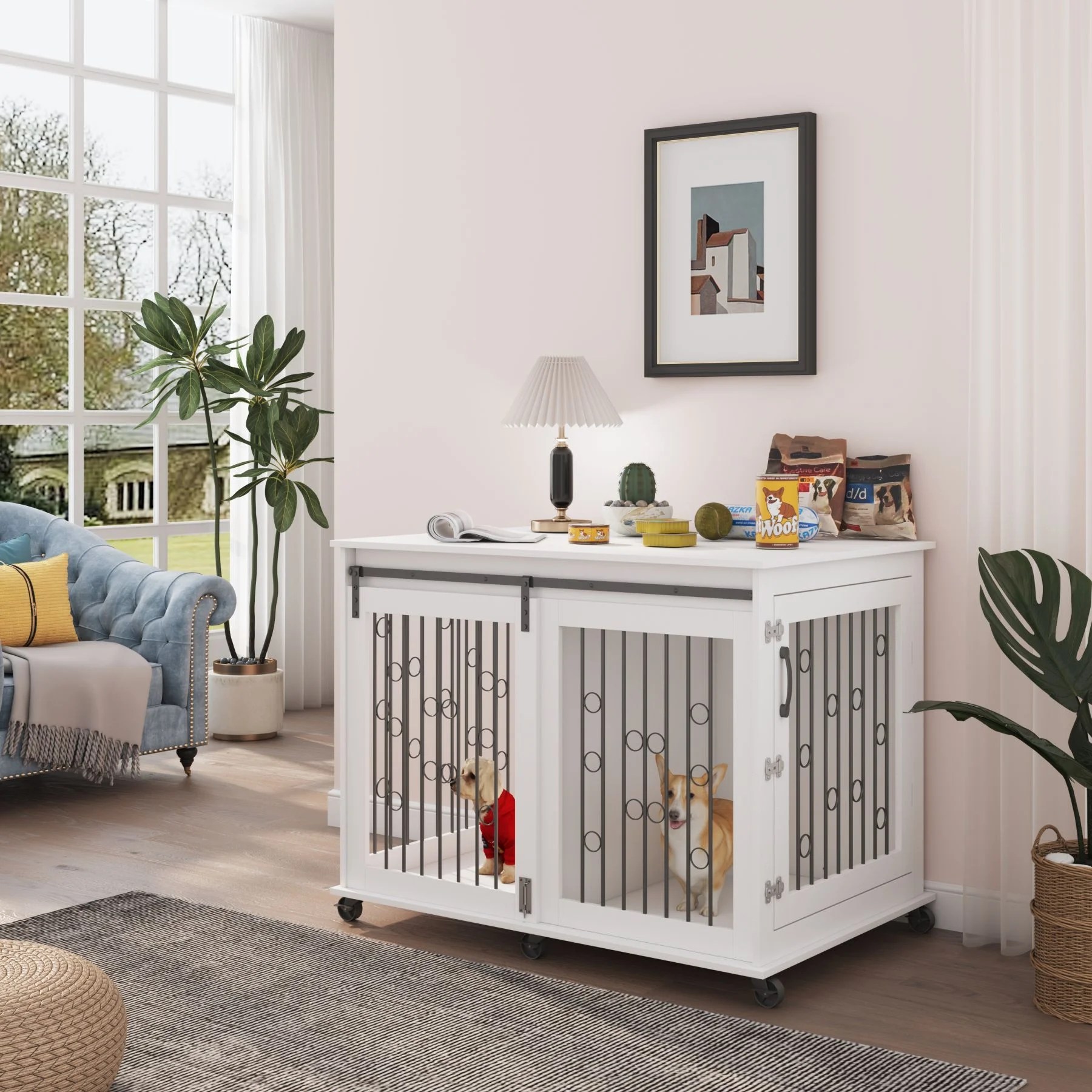 Ouyessir Dog Crate Furniture with Sliding Barn Door,Upgraded Large