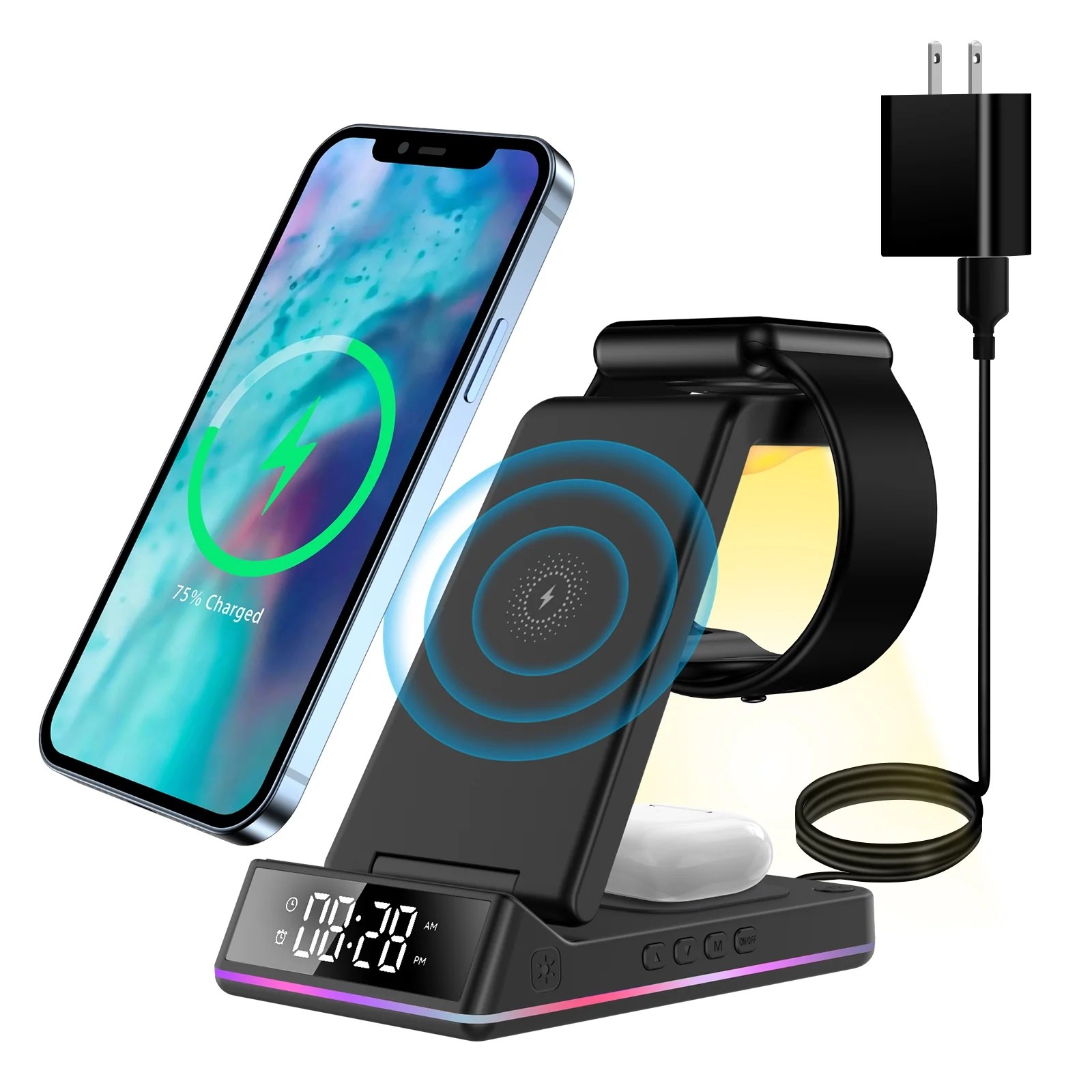 Auzev 3 in 1 Wireless Charger Station with Clock/Alarm and Night Light