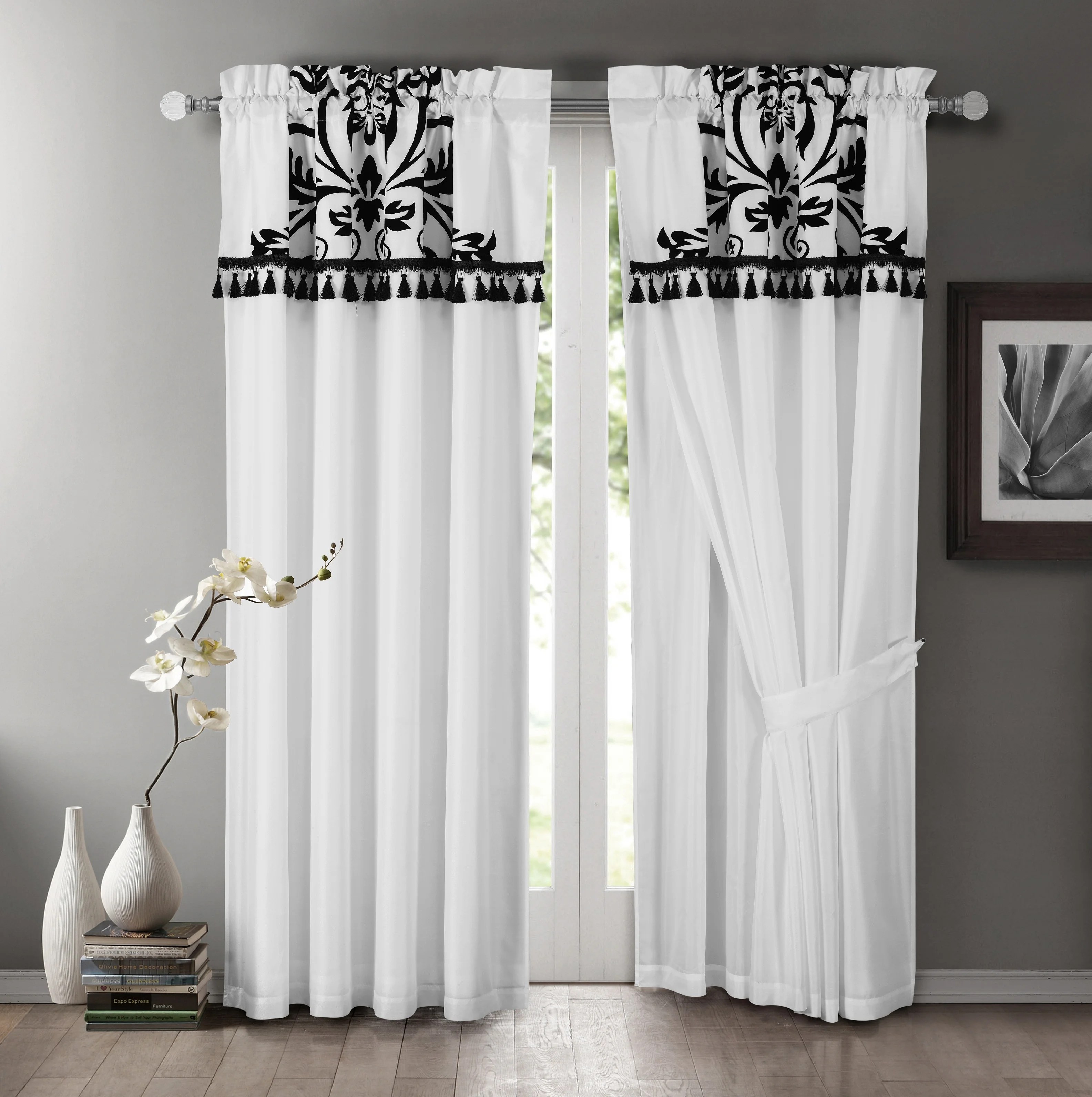 Chezmoi Collection 4Piece White Black Flocked Floral Faux Silk Window Chezmoi Collection 4Piece White Black Flocked Floral Faux Silk Window