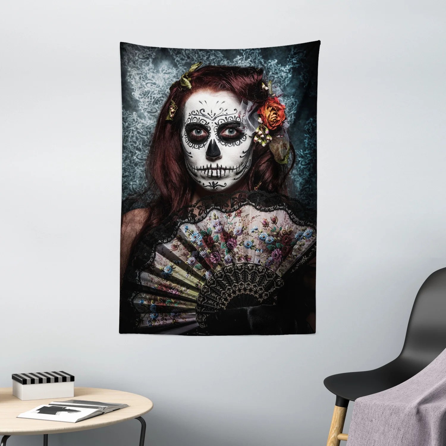 Day Of The Dead Tapestry, Make up Artist Girl with Dead Skull Scary