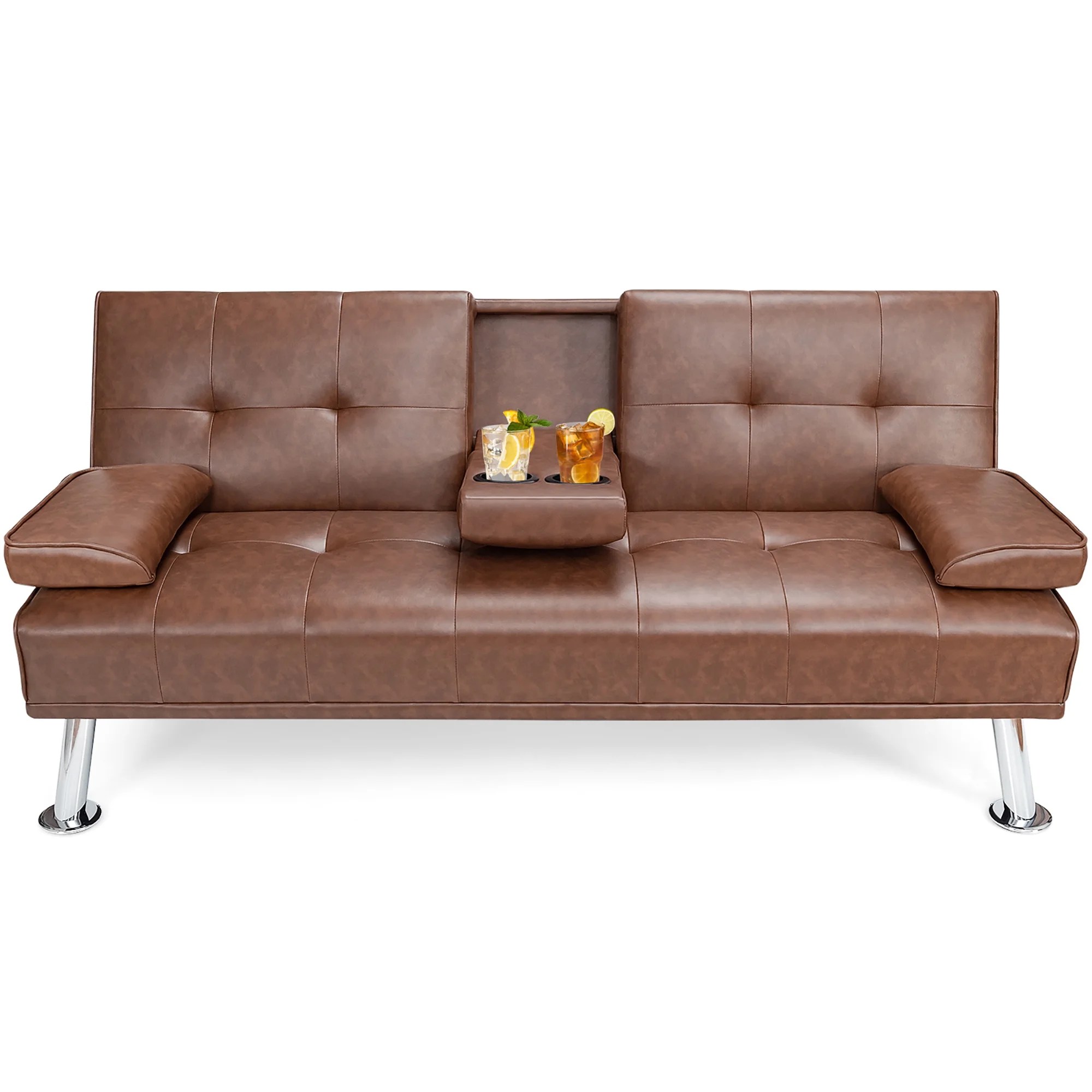 Costway Convertible Folding Futon Sofa Bed Leather w/Cup Holders