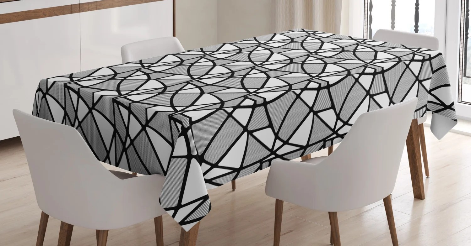 Black and White Tablecloth, Geometrical Pattern with Abstract Design