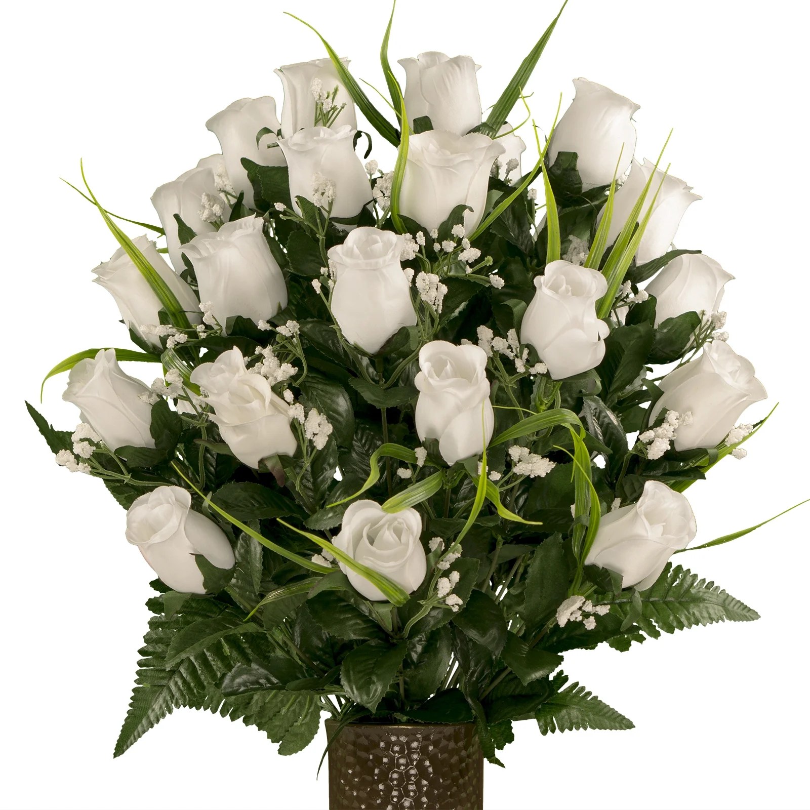 Sympathy Silks Artificial Cemetery Flowers White Roses with Lily Grass