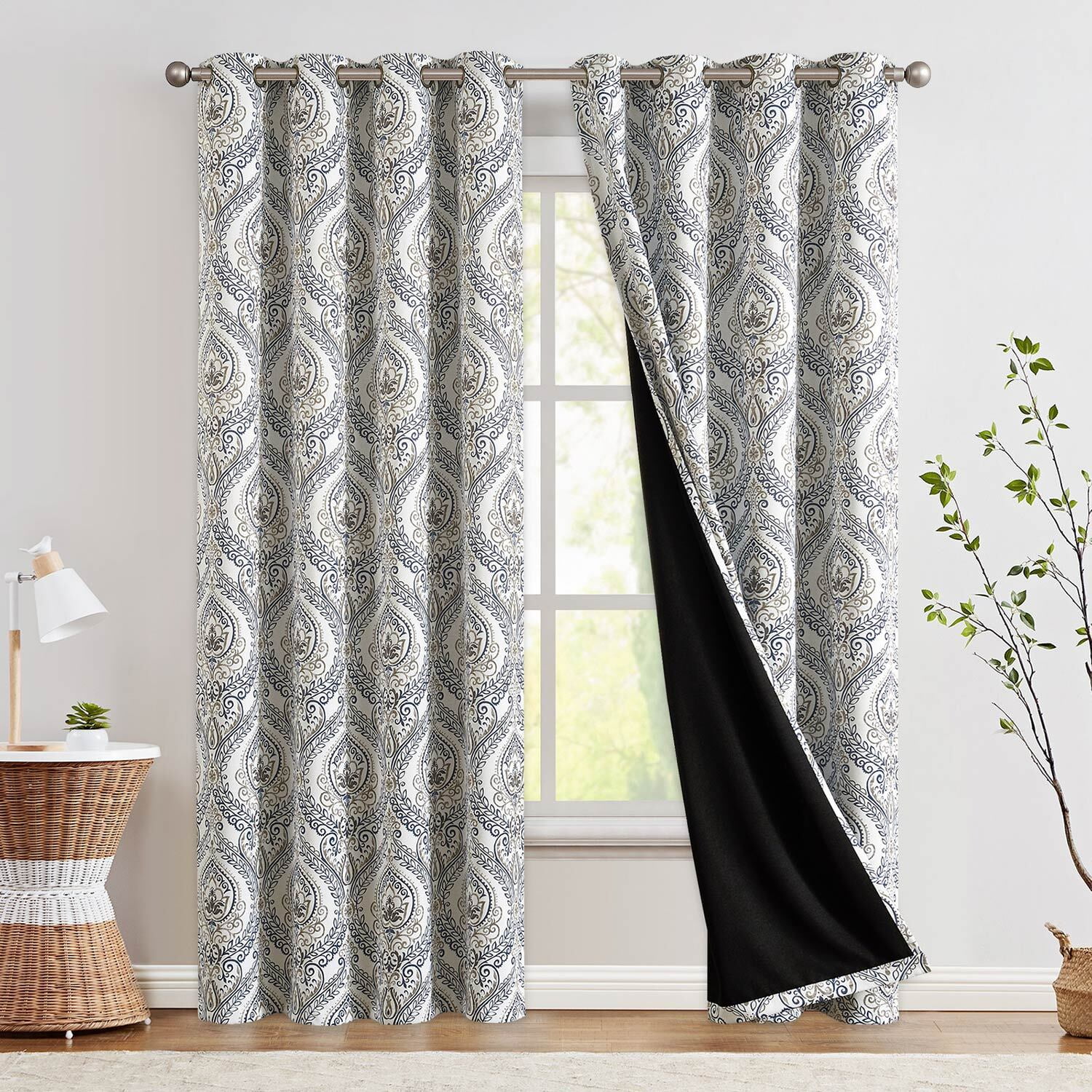 Curtainking 100 Blackout Curtains 84 Inches Long Blue Damask Medallion