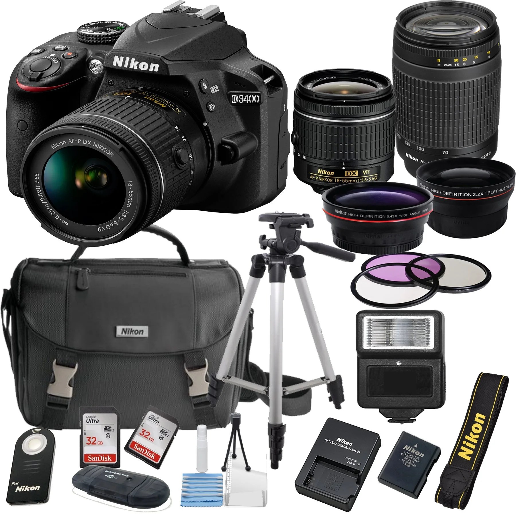 Nikon D3400 24.2 MP DSLR Camera + 1855mm VR Lens Kit + 70300mm Zoom