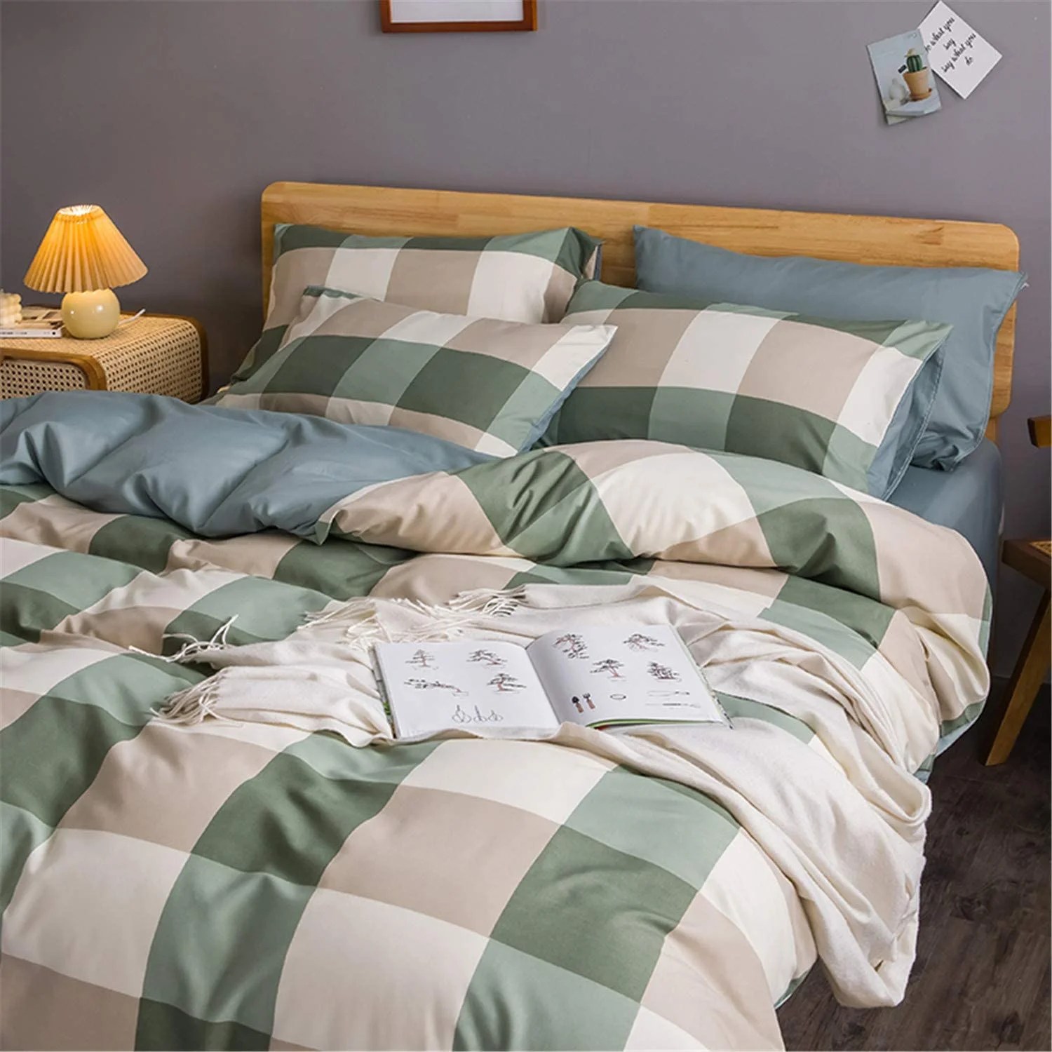 3 Pcs Green Buffalo Duvet Cover Sets with Button Queen