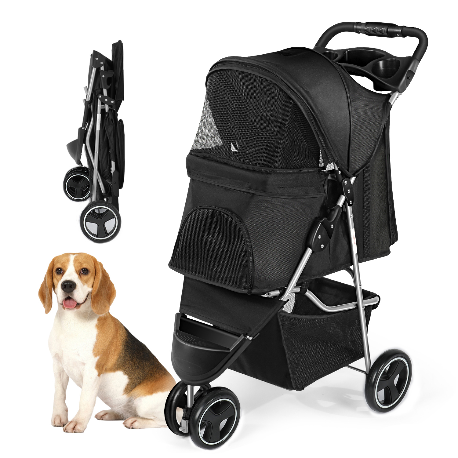 Wedyvko 3 Wheel Pet Folding Dog Stroller, Large Capacity, 360