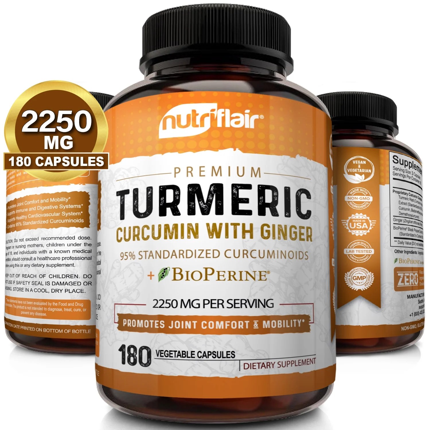Turmeric Curcumin with Ginger, BioPerine Black Pepper Supplement 2250mg