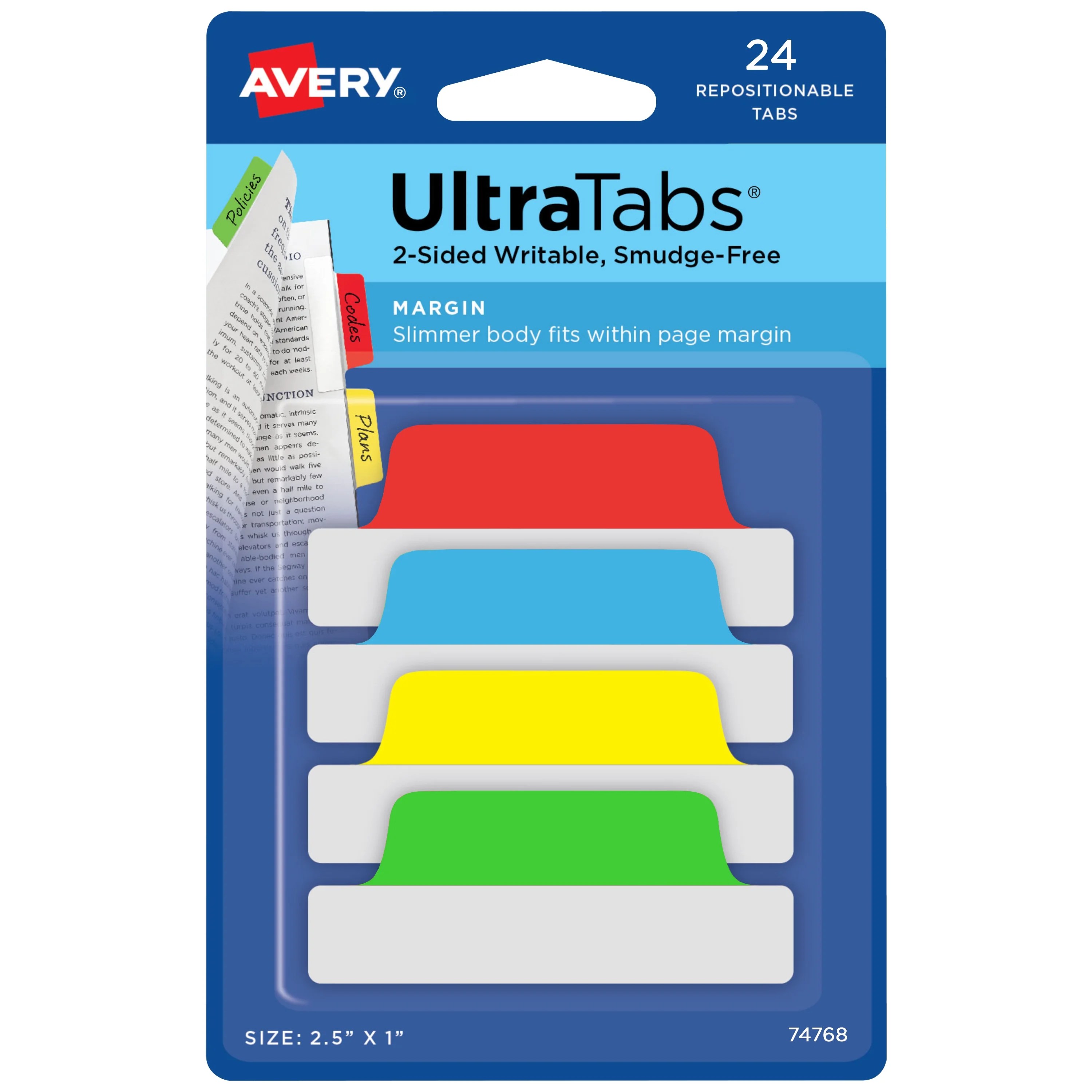 Ultra Tabs, 2.5" x 1", 24 Margin Tabs, Assorted Colors