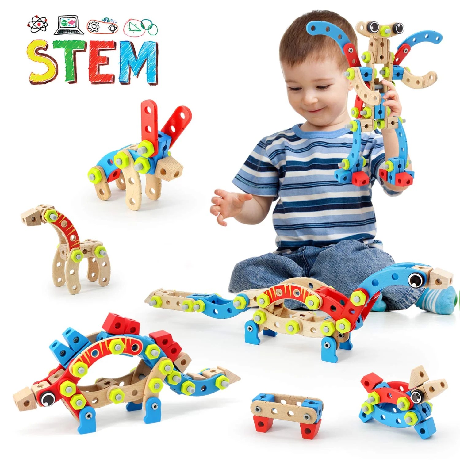 STEM Toy for 3 4 5 6 7 Year Olds Boy, 96 PCS Wooden Building Toys for STEM Toy for 3 4 5 6 7 Year Olds Boy, 96 PCS Wooden Building Toys for