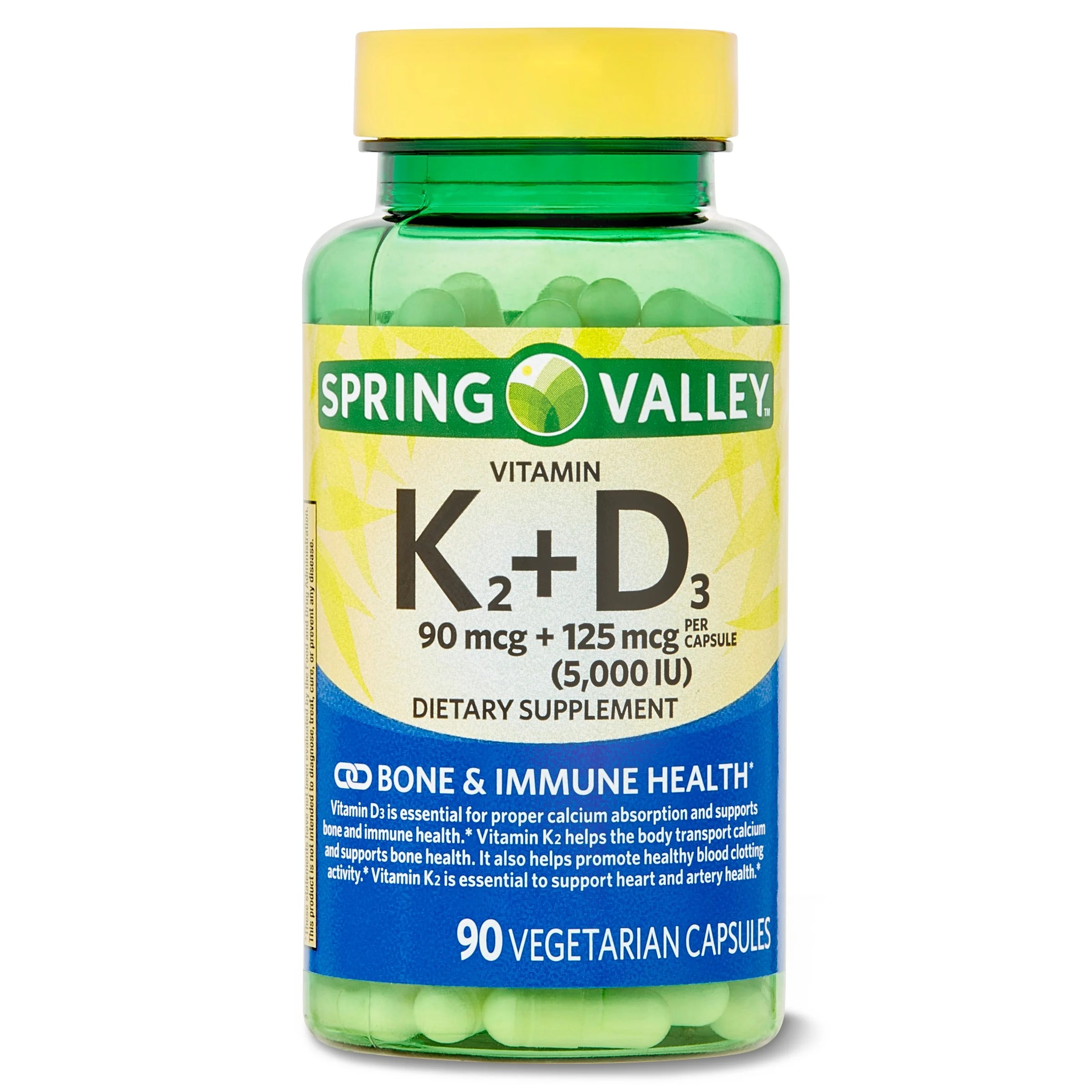 Spring Valley Vitamin K2 (90mcg) + D3 (125mcg) Vegetarian Capsules, 90