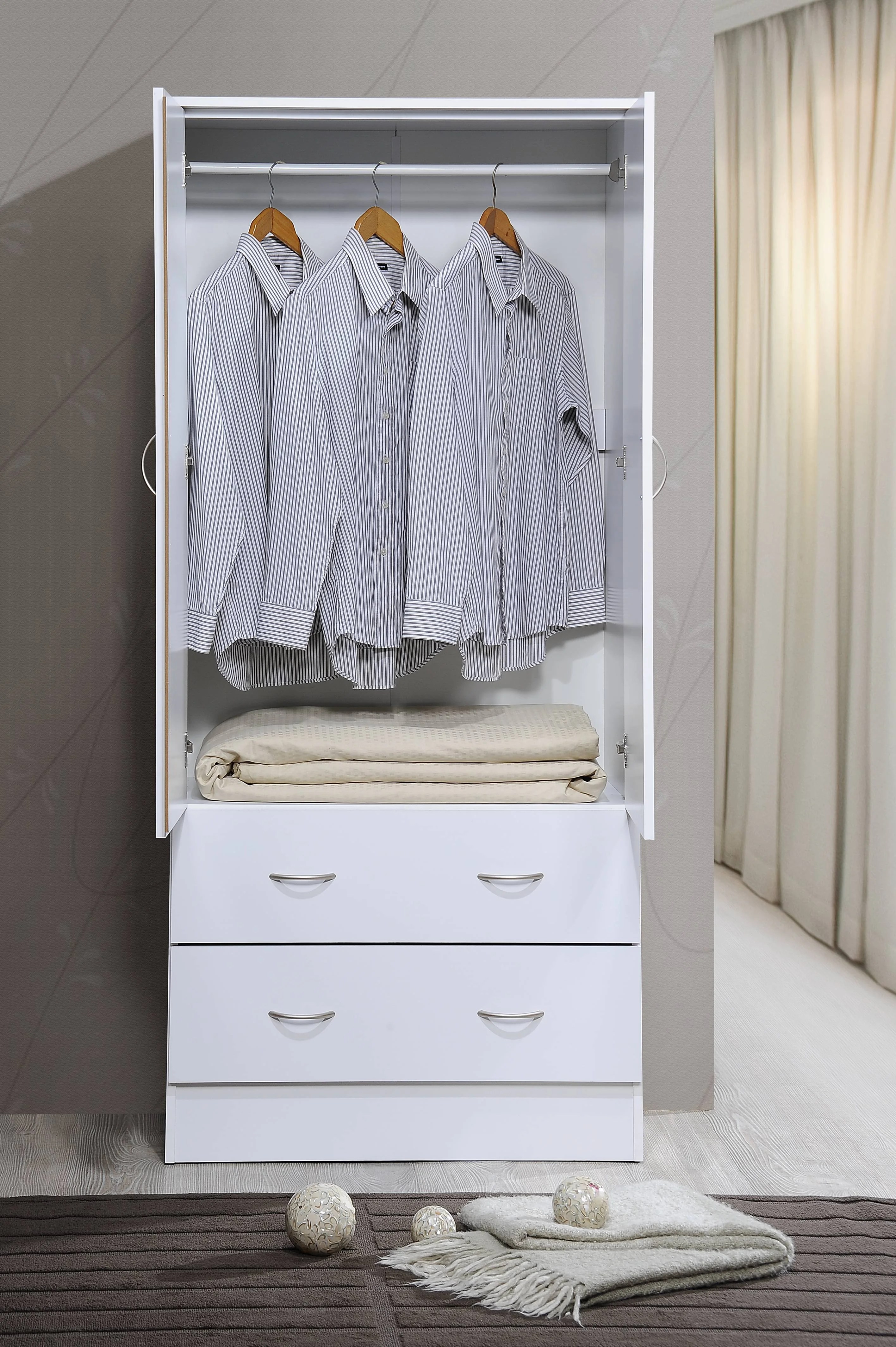 Hodedah Two Door Wardrobe with Two Drawers and Hanging Rod, White
