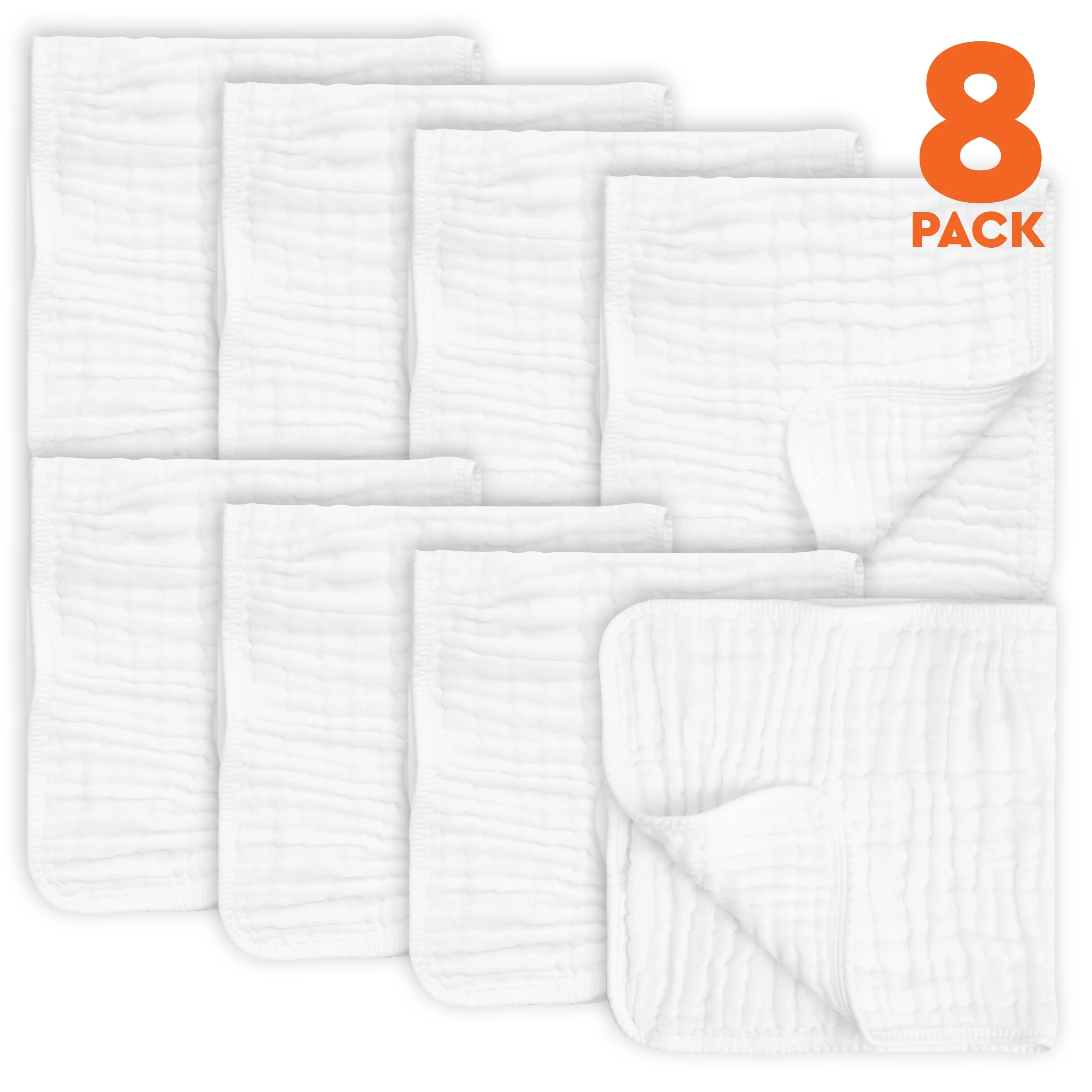 8 Pack Muslin Burp Cloths Large 20" by 10" 100 Cotton, Hand Wash Cloth