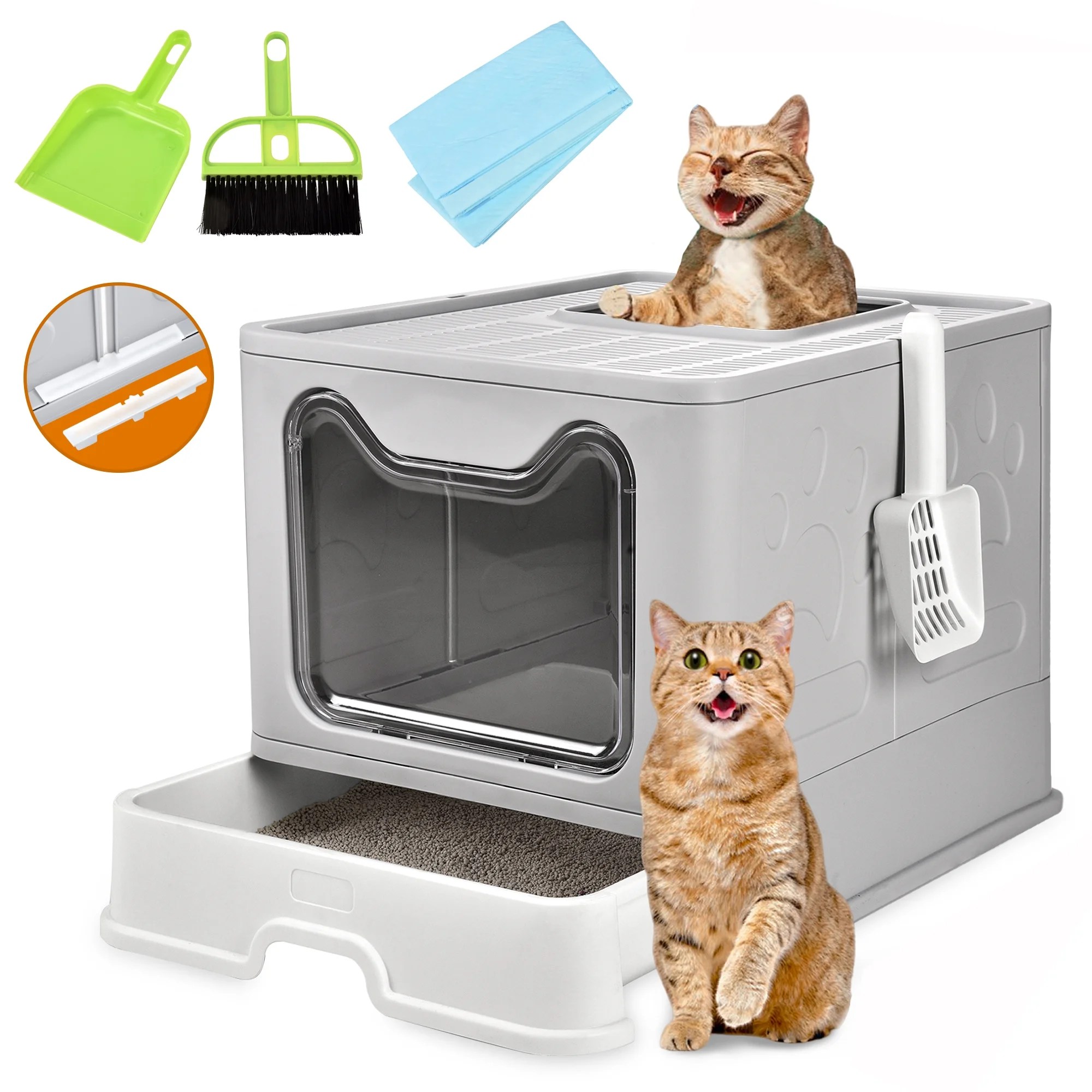 Foldable Cat Litter Box with Lid, Extra Large Covered Litter Box with Cat Litter Scoop, Drawer