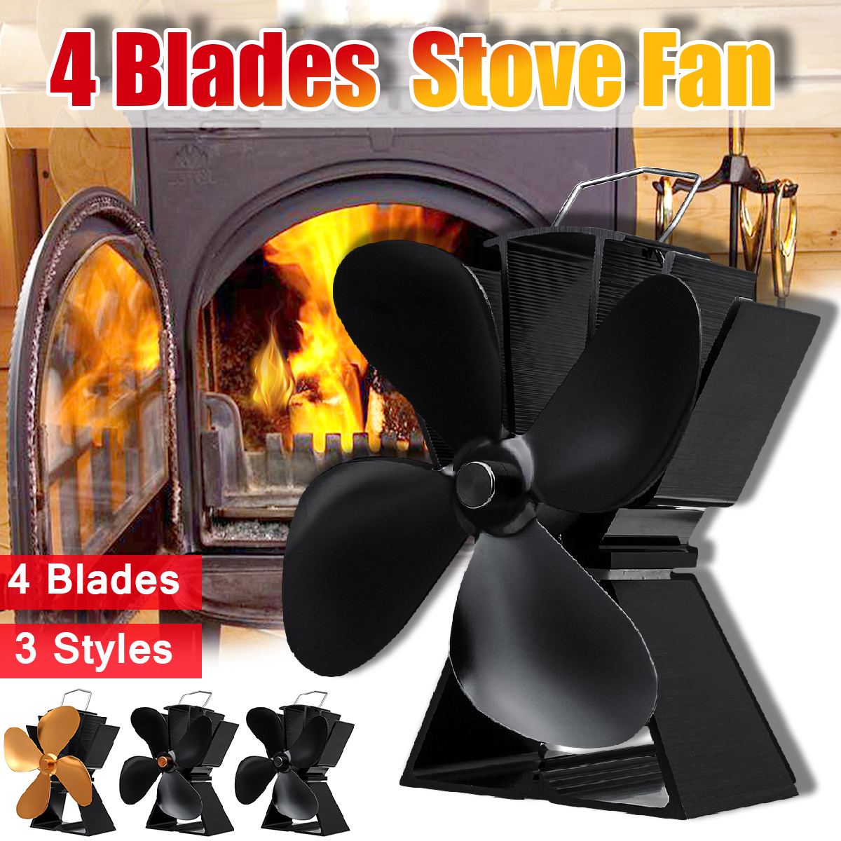 4 Blades 6'' Stove Fan Heat Powered Log Quiet Wood Burner Top Fan Fuel Saving Eco Fan Black