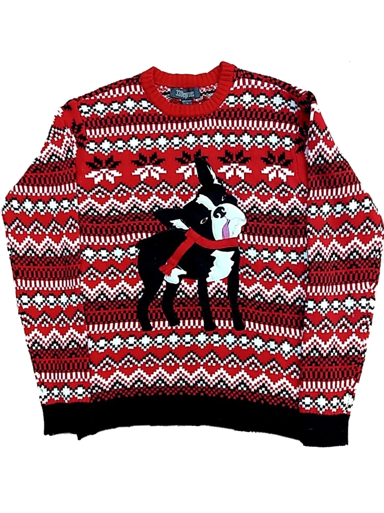 33 Degrees Mens Red Knit Boston Terrier Dog Ugly
