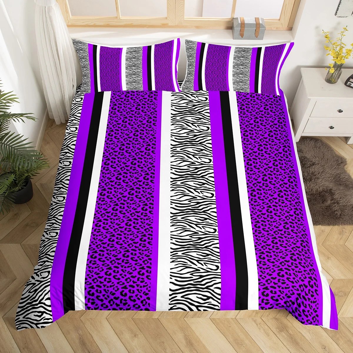 YST Black White Purple Patchwork Full Bedding Sets For Girls Women