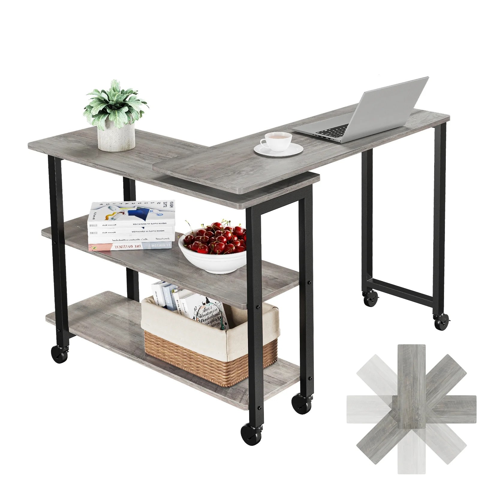 Coromose Rotatable LShaped End Table with Storage Shelves, Movable Sofa Couch Laptop Side Table