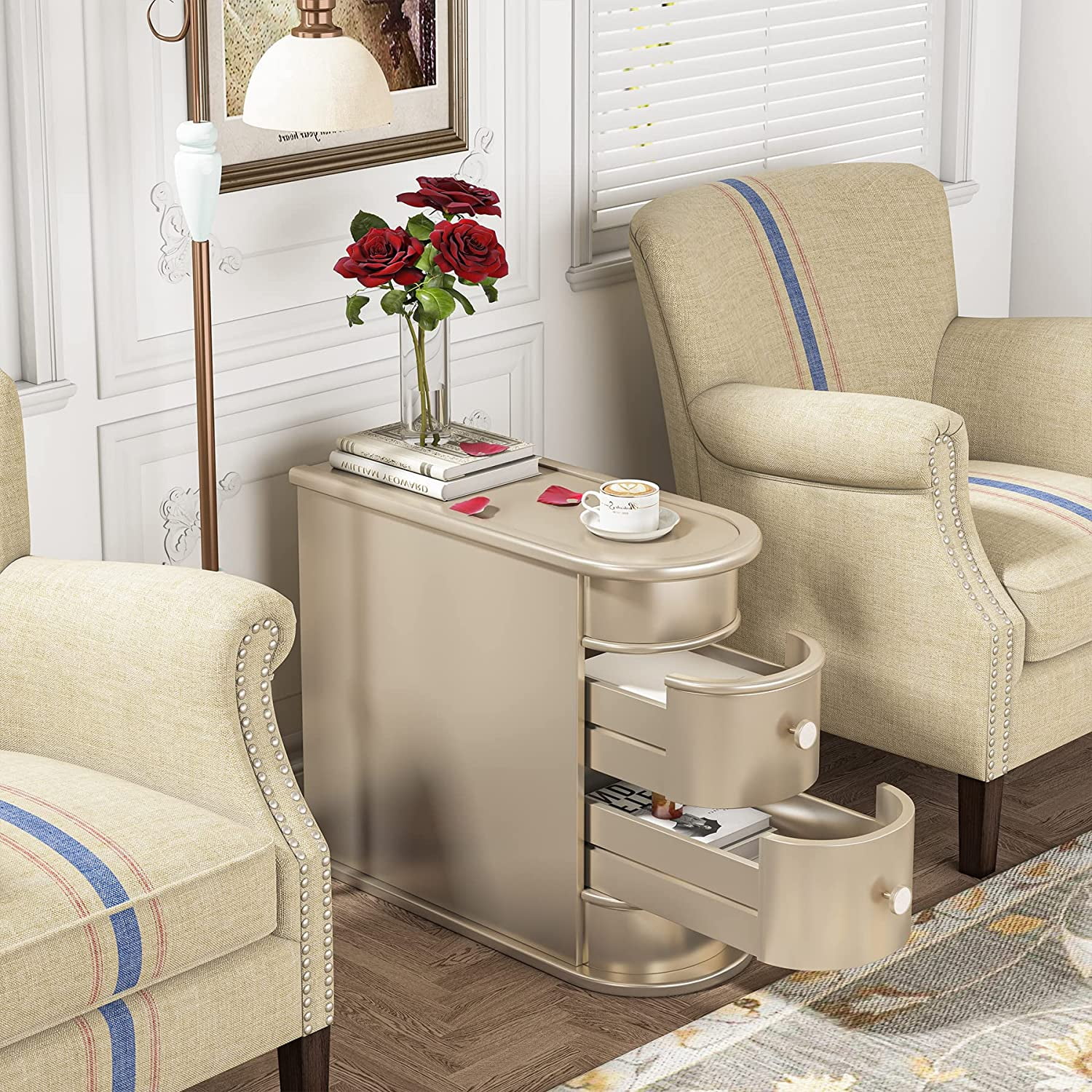 Tribesigns Slim End Table, Narrow Sofa Side Table with 2 Drawers, No