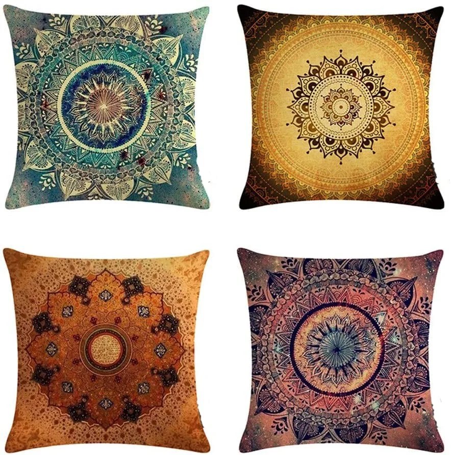 Boho Throw Pillow Covers 18x18 Set of 4 Retro Floral Mandala Compass