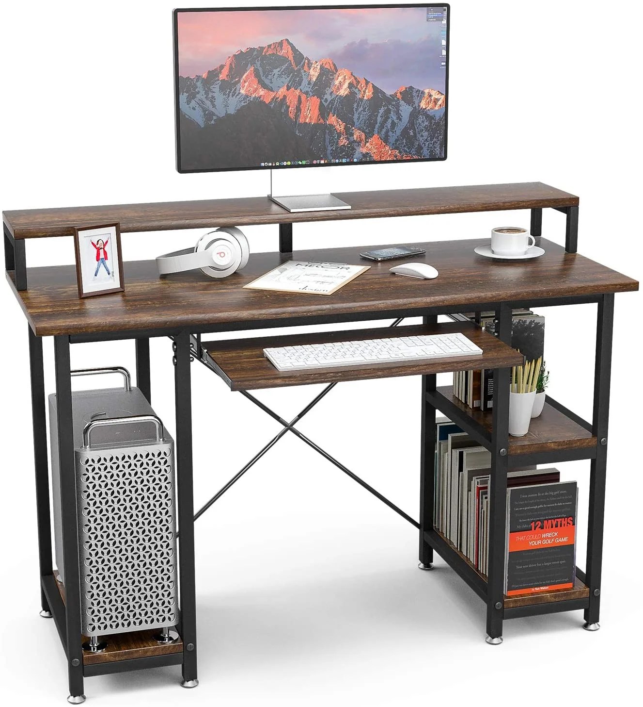 Mecor Computer Desk with Keyboard Tray/Shelves Storage, 89.9 Inch