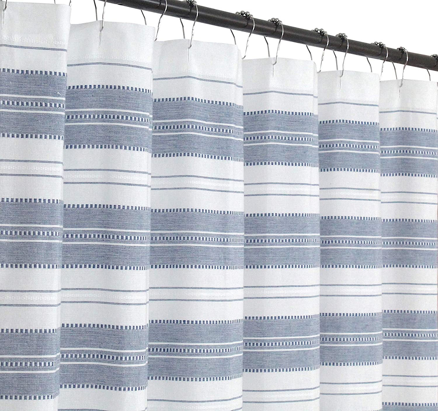 Chambray Blue and White Fabric Shower Curtain Striped with Detailed