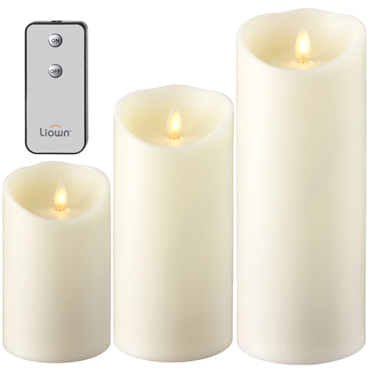 Raz Imports Push Flame Ivory Pillar Candles with Remote, Set of 3 2D