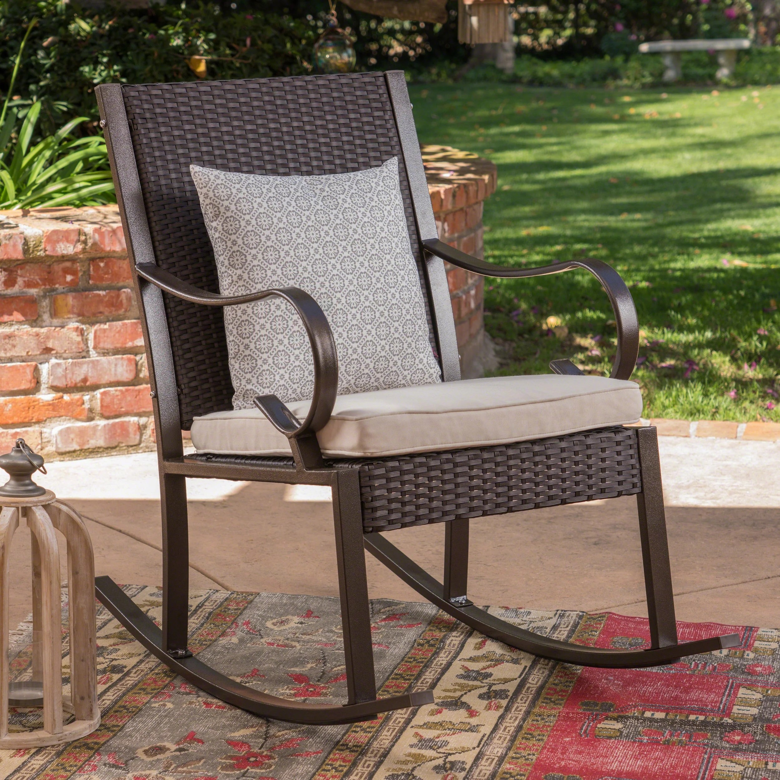 Outdoor Wicker Rocking Chair with Cushion, Cream, Dark Brown Walmart