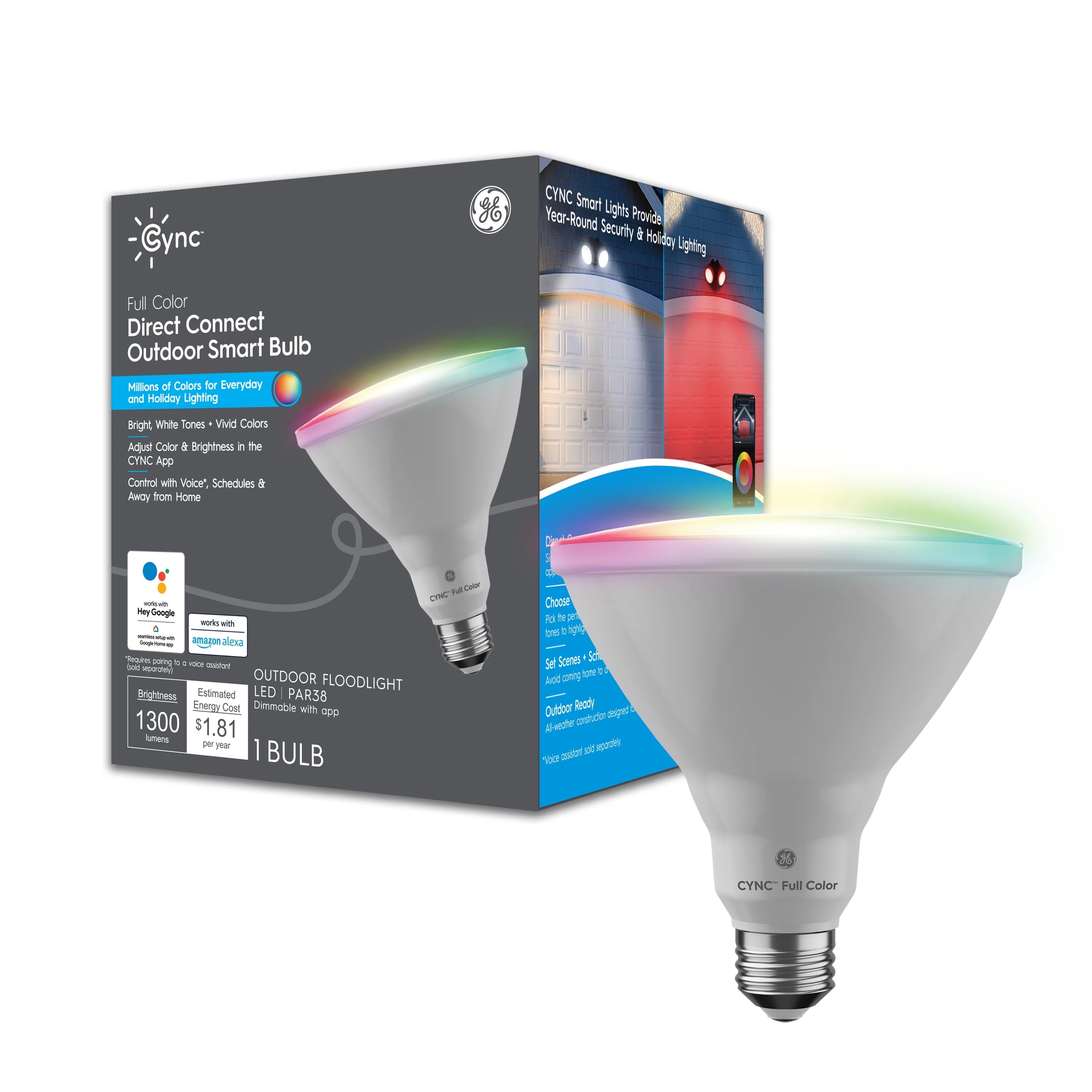 GE CYNC Smart LED Light Bulb, Full Color, Bluetooth & WiFi, PAR38