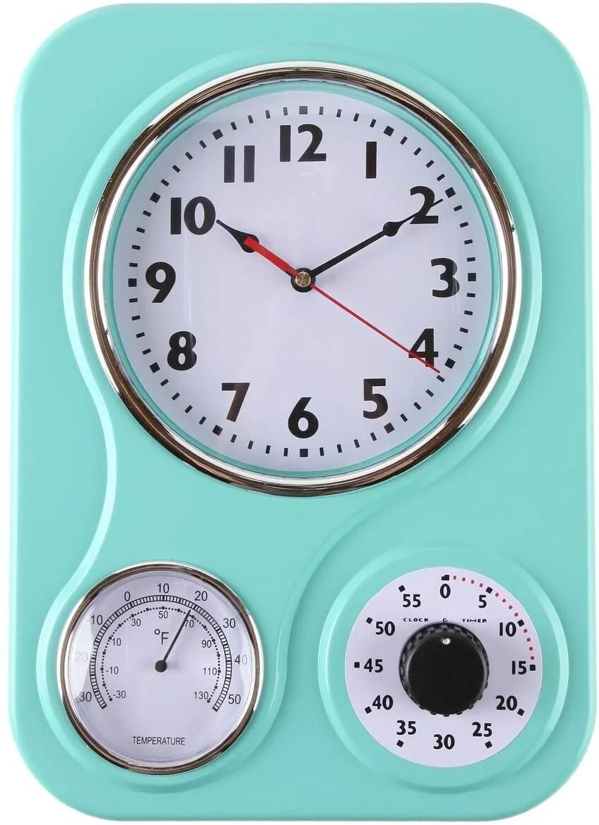 Lily's Home Retro Kitchen Wall Clock, with a Thermometer and 60Minute