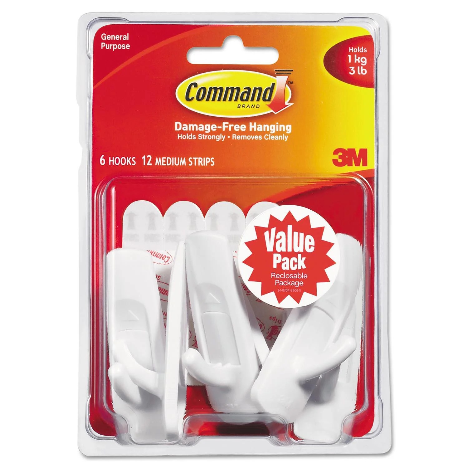 Command Hooks, Medium, 3 lb. Capacity, White (6 Hooks & 12 Adhesive