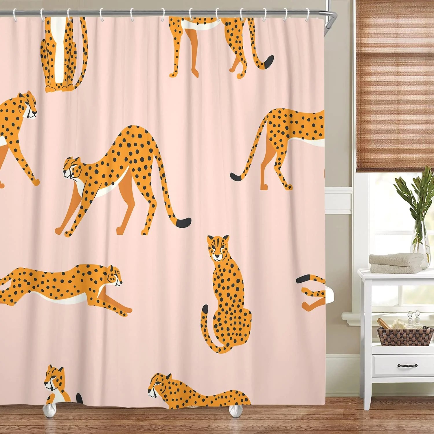 Trendy Pink Leopard Shower Curtain, Fun Hot Pink Boho Cheetah Fabric Shower Curtains Set for