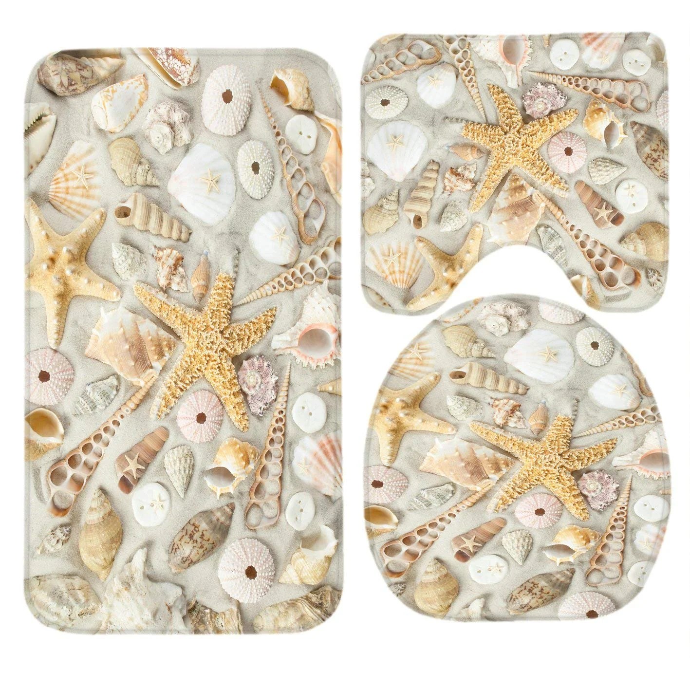 GOHAO Seashells Starfish on White Sand 3 Piece Bathroom Rugs Set Bath