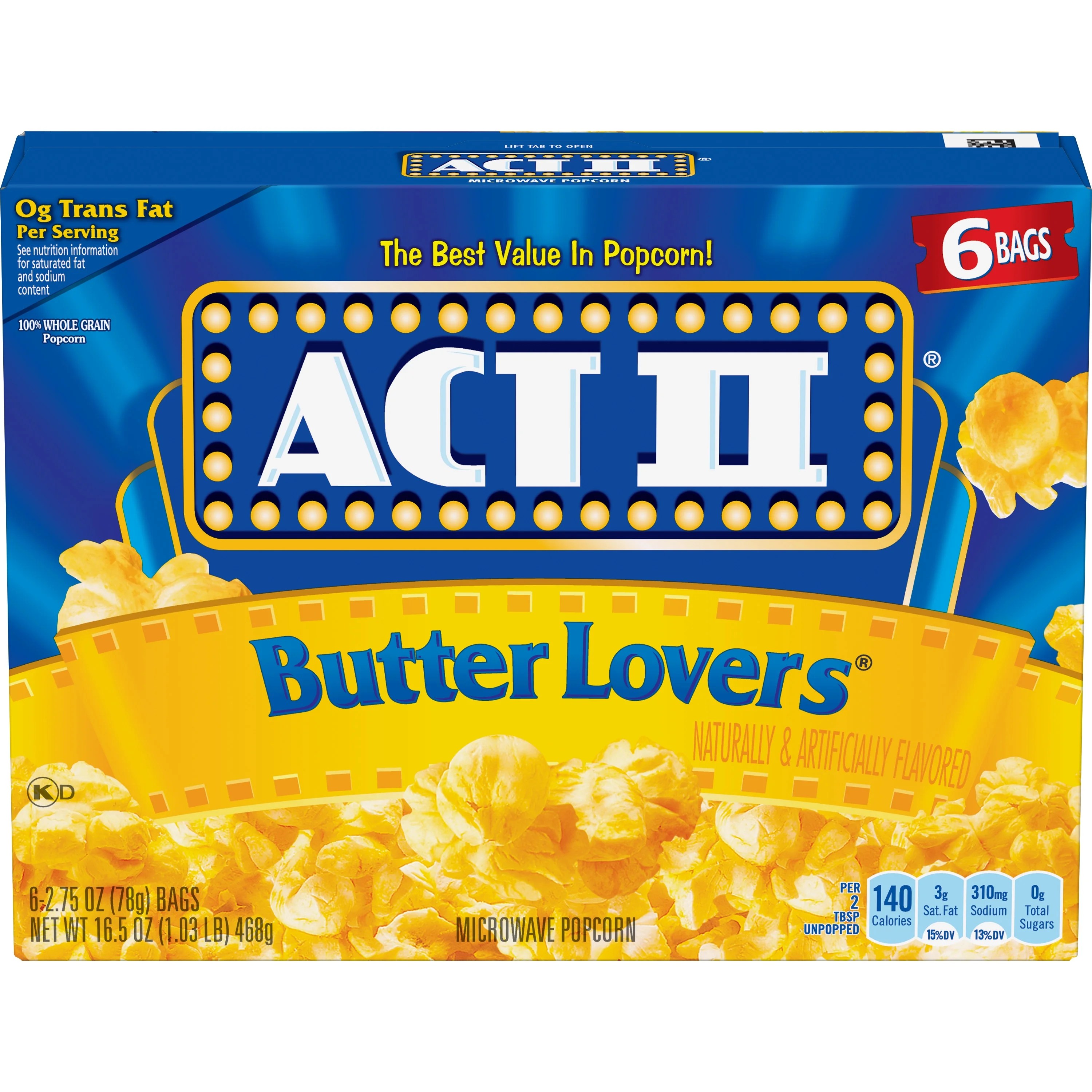 ACT II Butter Lovers Microwave Popcorn, 2.75 Oz, 6 Ct