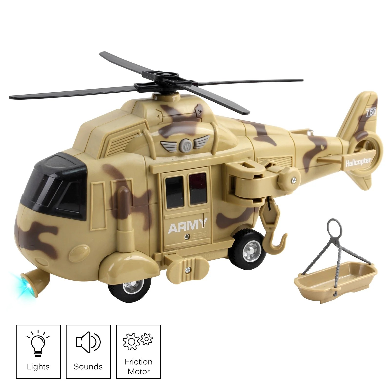 Vokodo Military Helicopter 11 With Lights Sounds Push And Go Includes