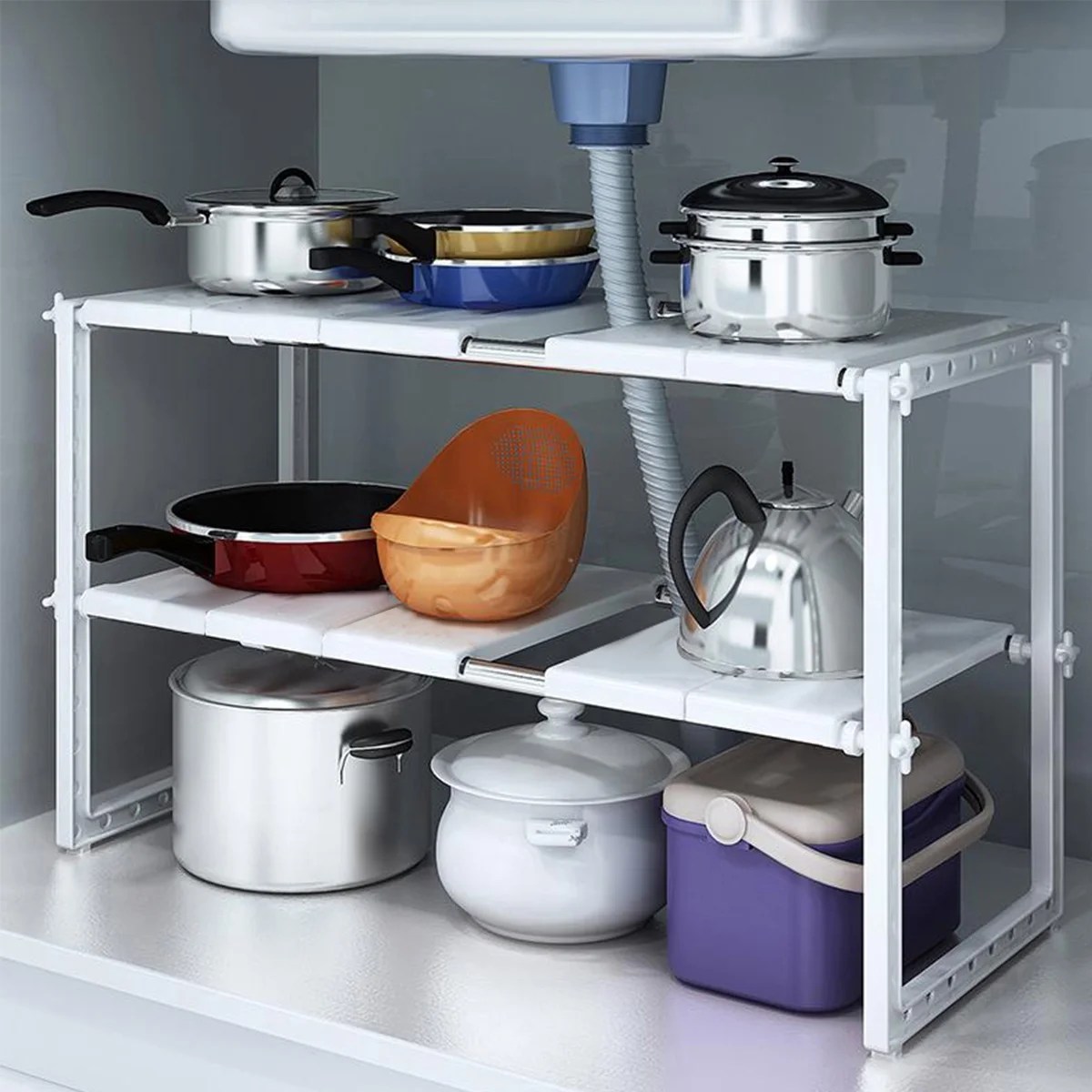 (utensils, cutlery, and cooking tools not included). 18 Classy Multi functional Under Sink 18 Tier Expandable Shelf Storage Organizer Adjustable ...