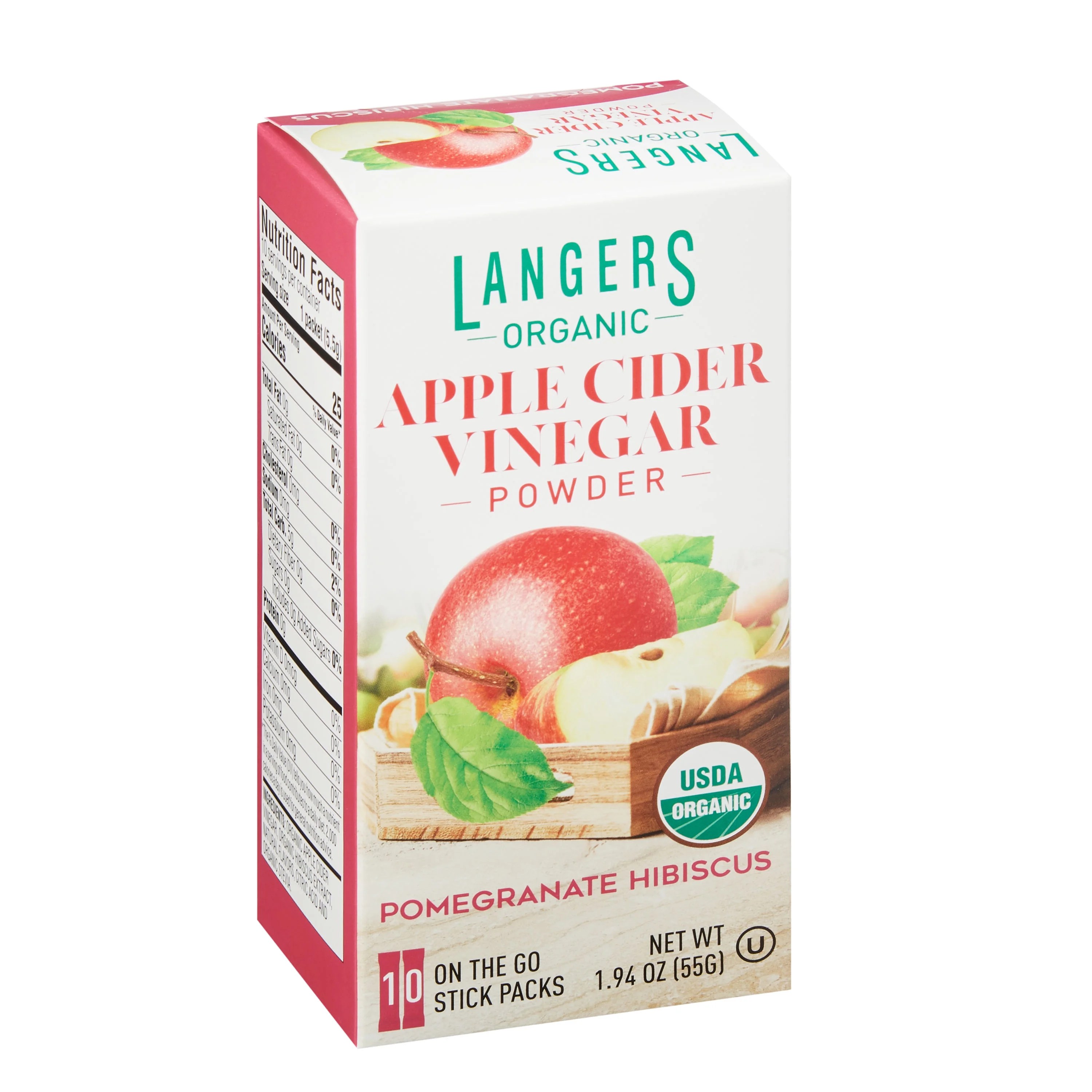 Langers Organic Apple Cider Vinegar Powder Sticks, Pomegranate Hibiscus