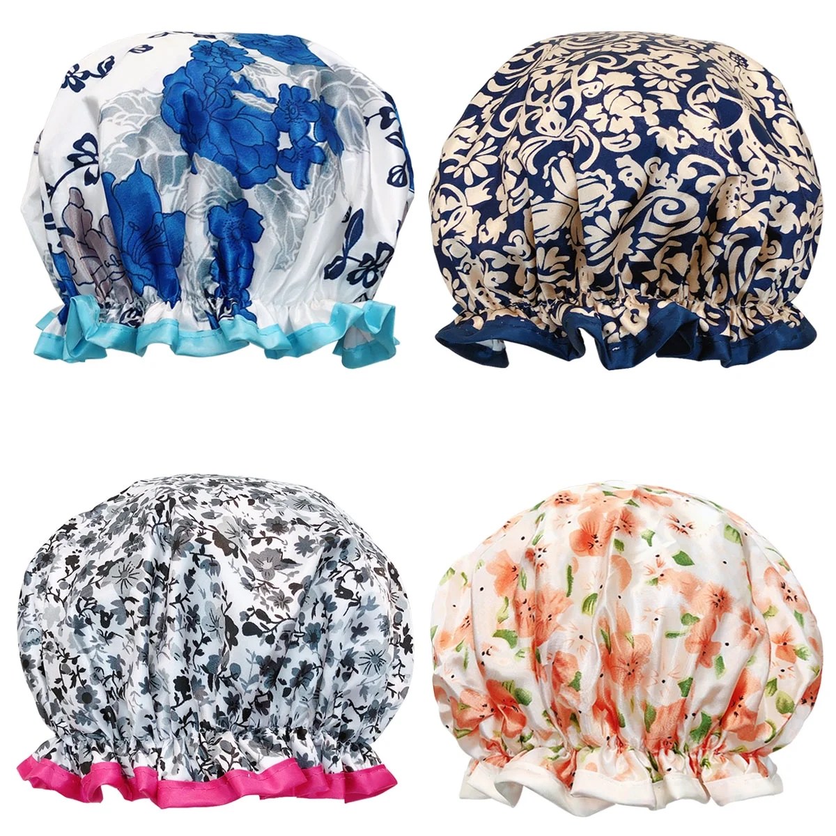 Wrapables® Stylish Double Layer Waterproof Shower Caps (Set of 4