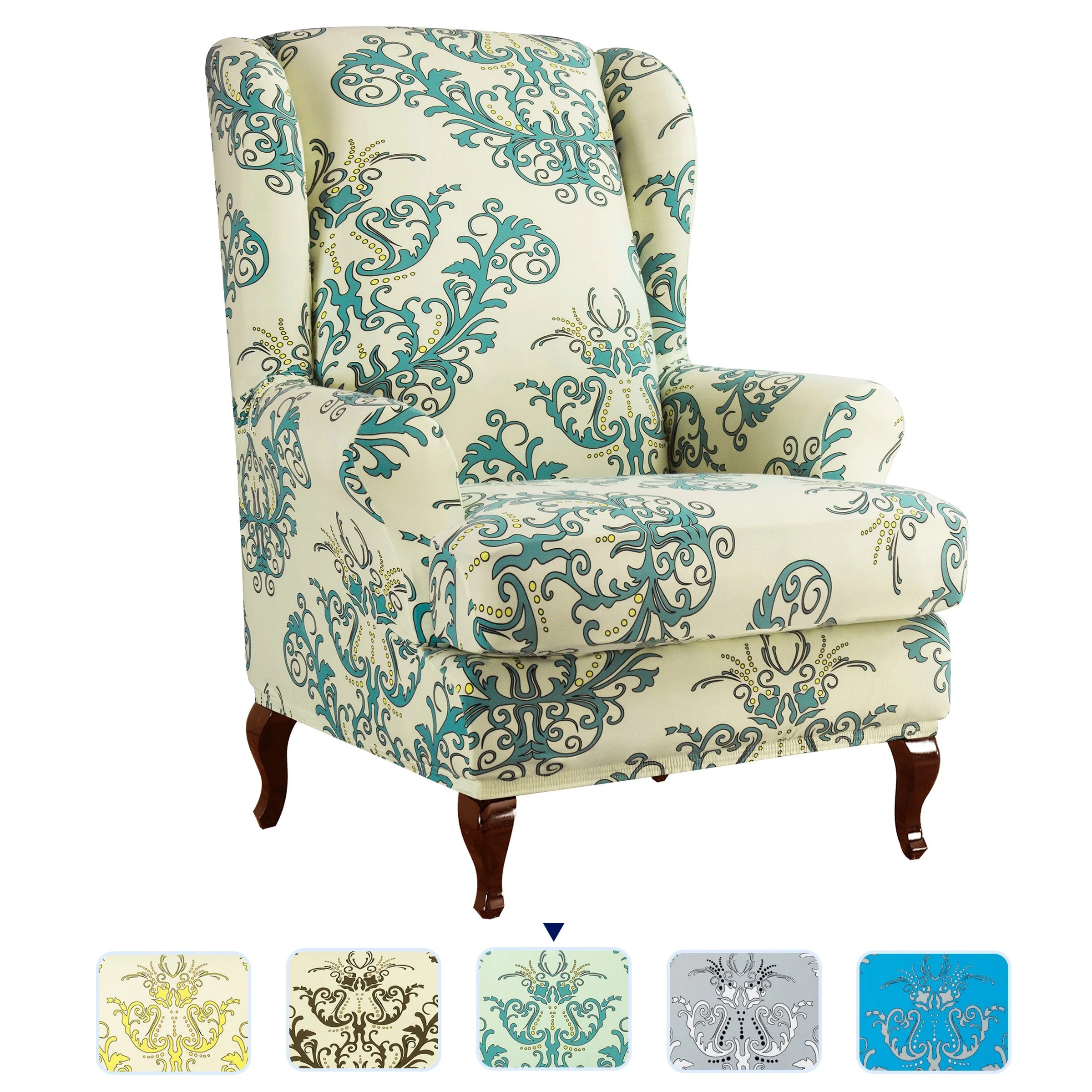 Subrtex Stretch 2Piece Vector Floral Wing Chair Slipcover, Green