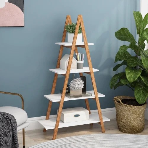 4Tier AShaped Display Bookshelf, Solid Bamboo Wood Oxford A Frame