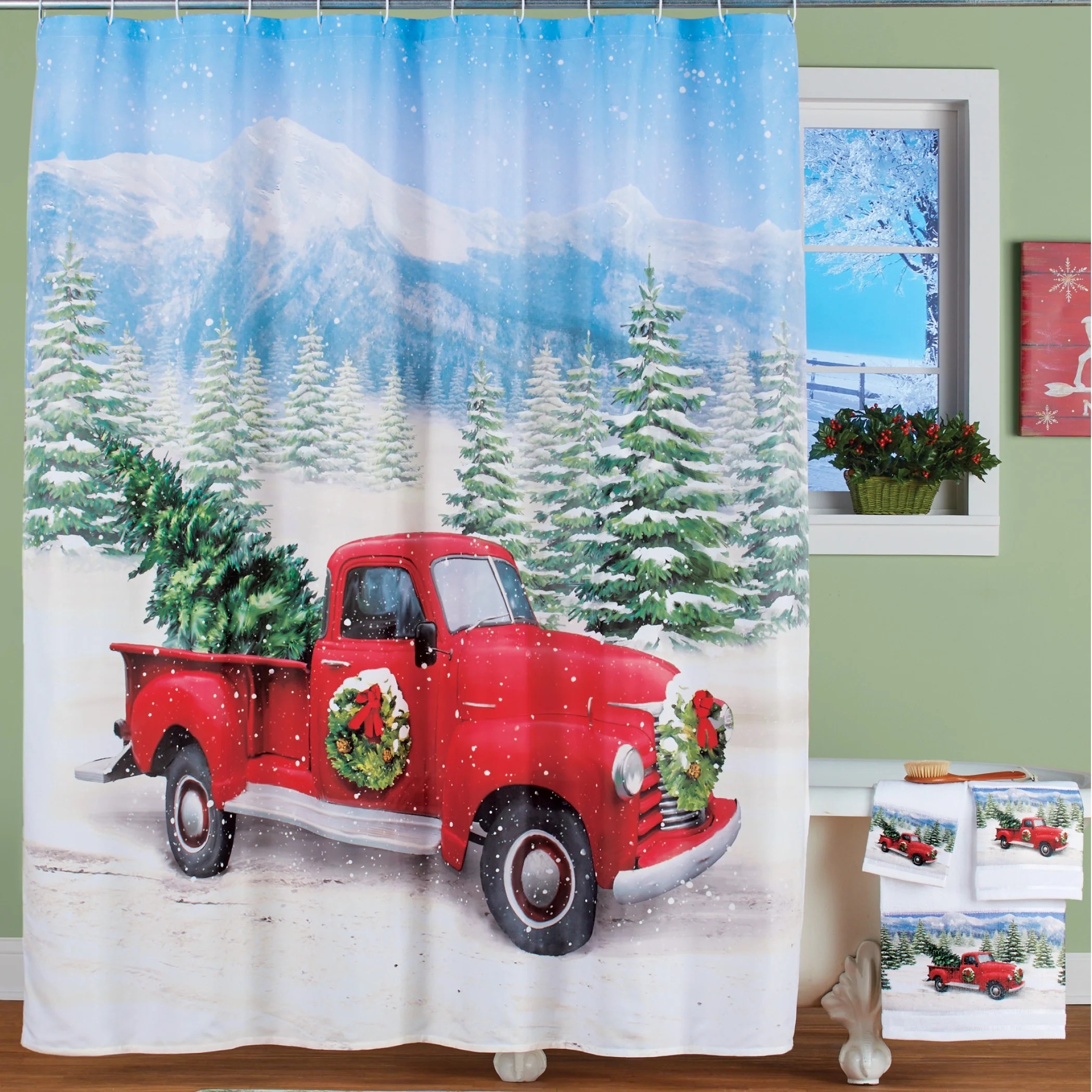 Classic Red Pickup Truck Holiday Shower Curtain Festive Seasonal