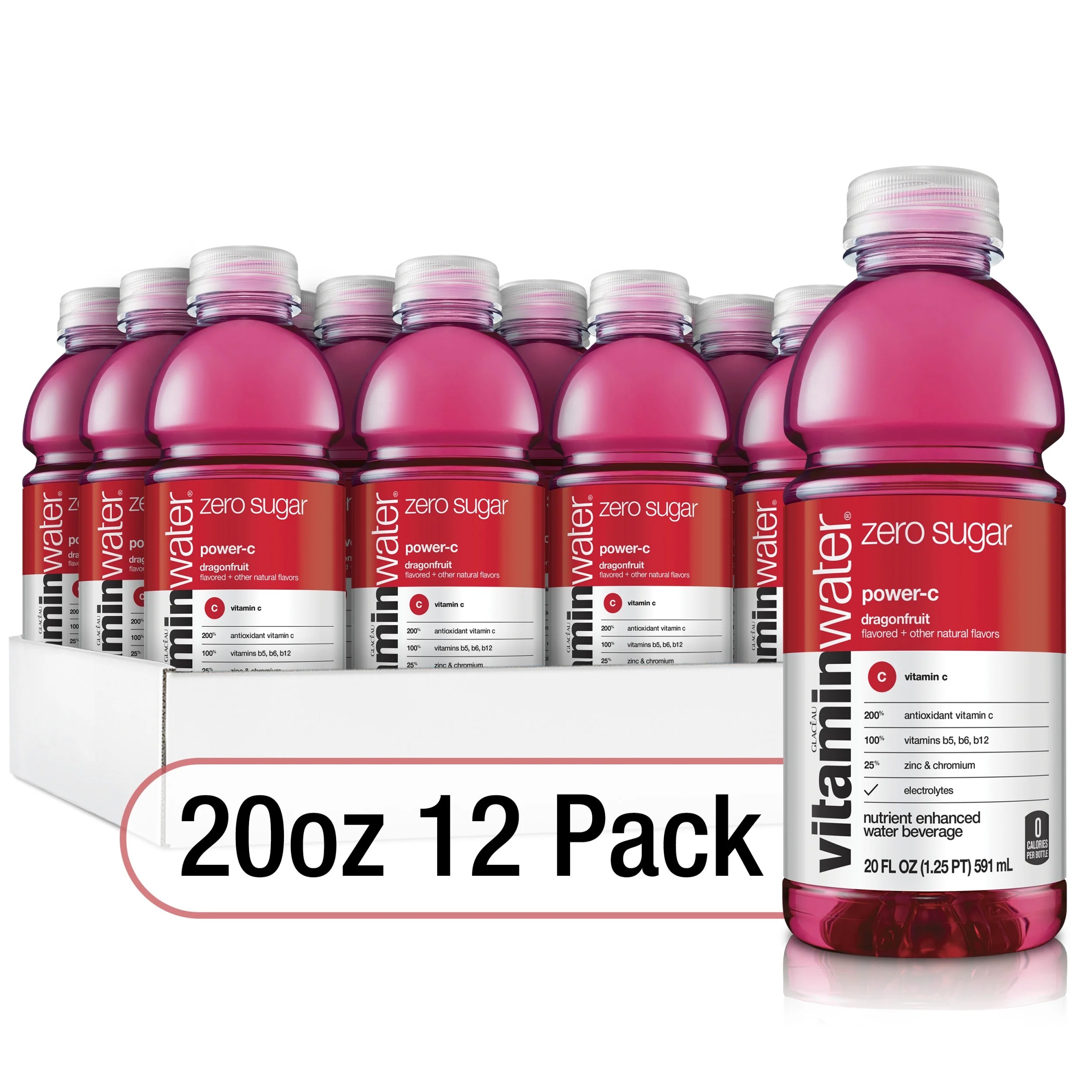 vitaminwater zero sugar powerc, electrolyte enhanced water w/ vitamins, dragonfruit drinks, 20