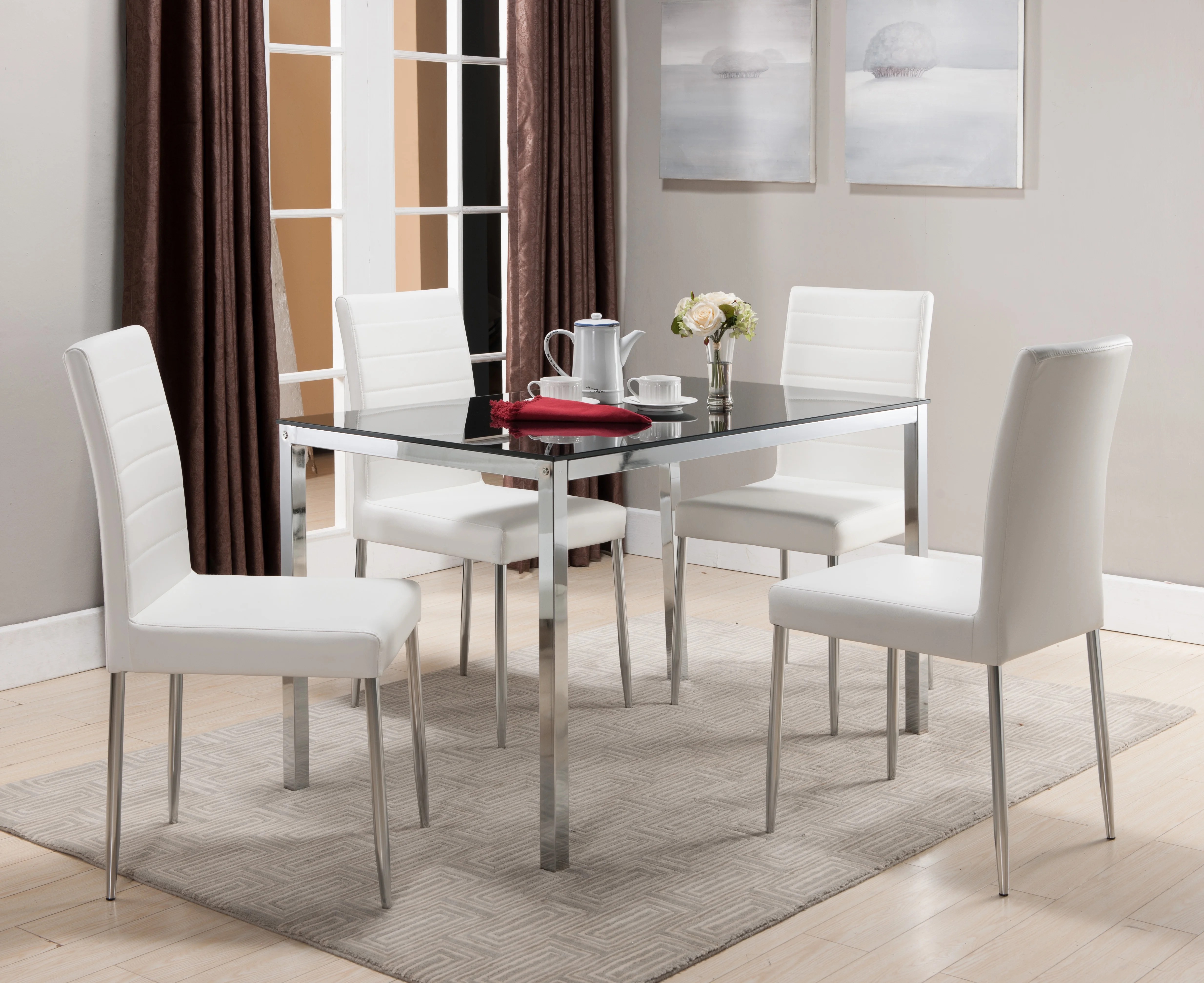 Leina 5Piece Kitchen Dining Set, Chrome Metal Frame & Black Tempered