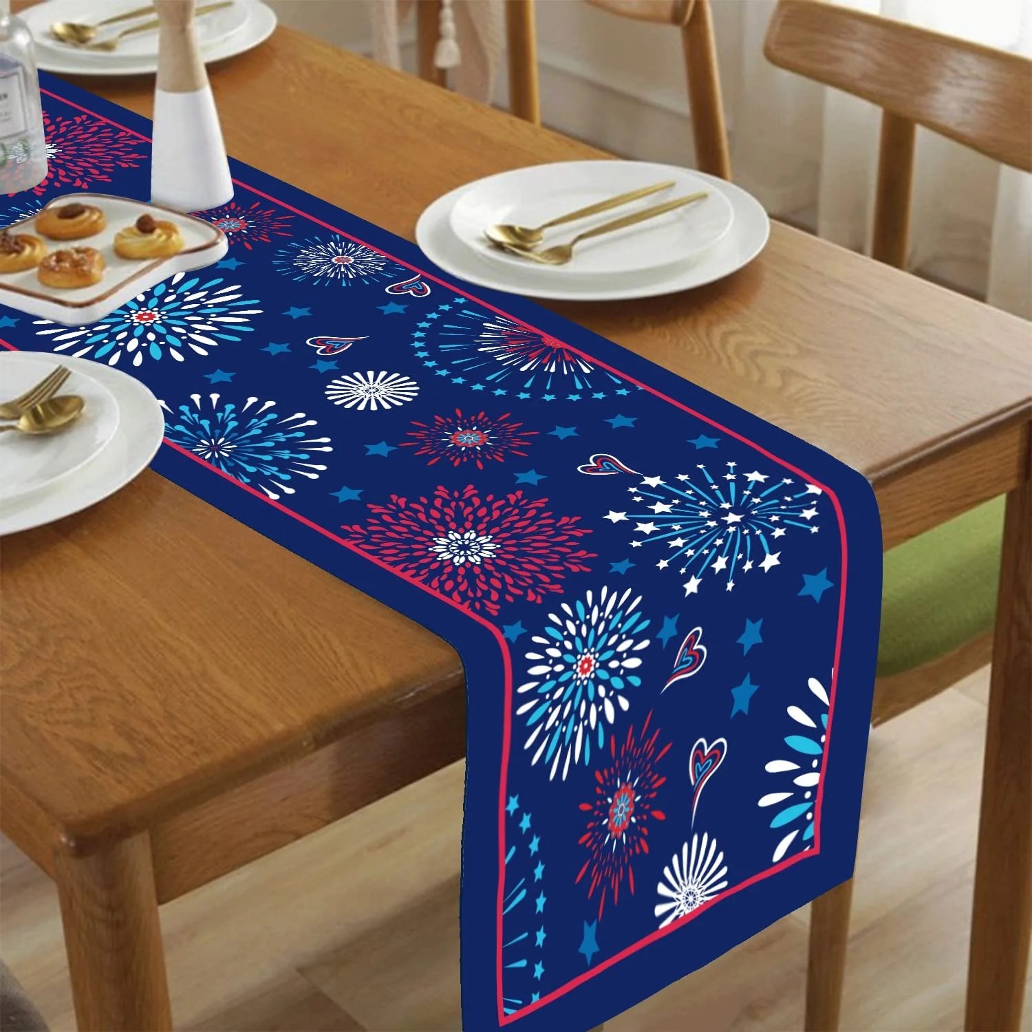 Patriotic Festival Boho Fireworks Floral Dinner Decor,Linen Red White