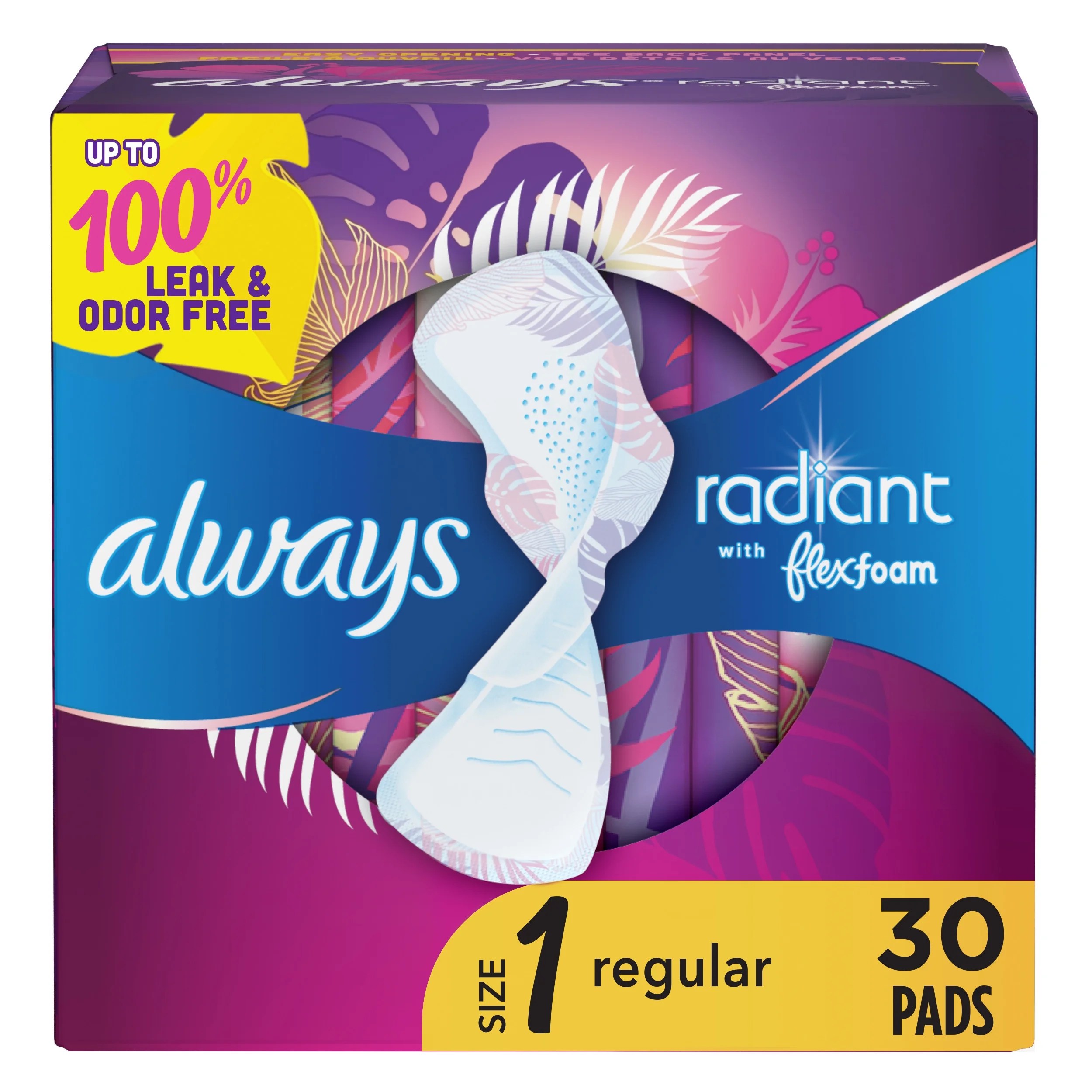 Always Radiant Regular Pads with Wings, Light Clean Scent, Size 1, 30