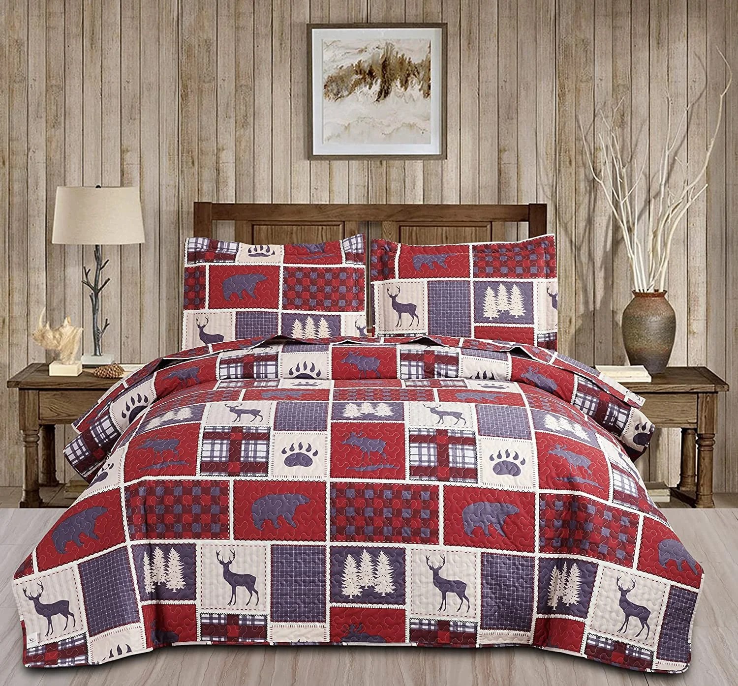 Green Essen Rustic Quilt Set King Size Moose Bear Bedding Country Quilt Sets Lightweight
