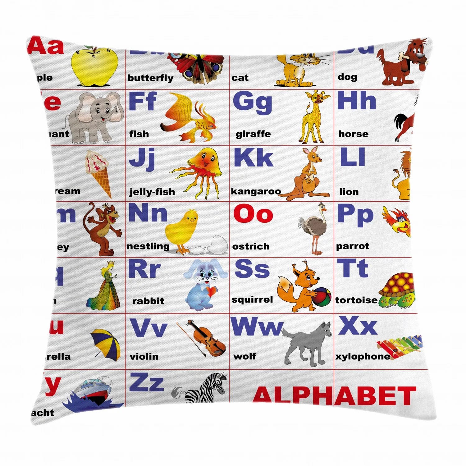 'Animal Alphabet' 16" x 16" Square Cushion Cover with letters and animals