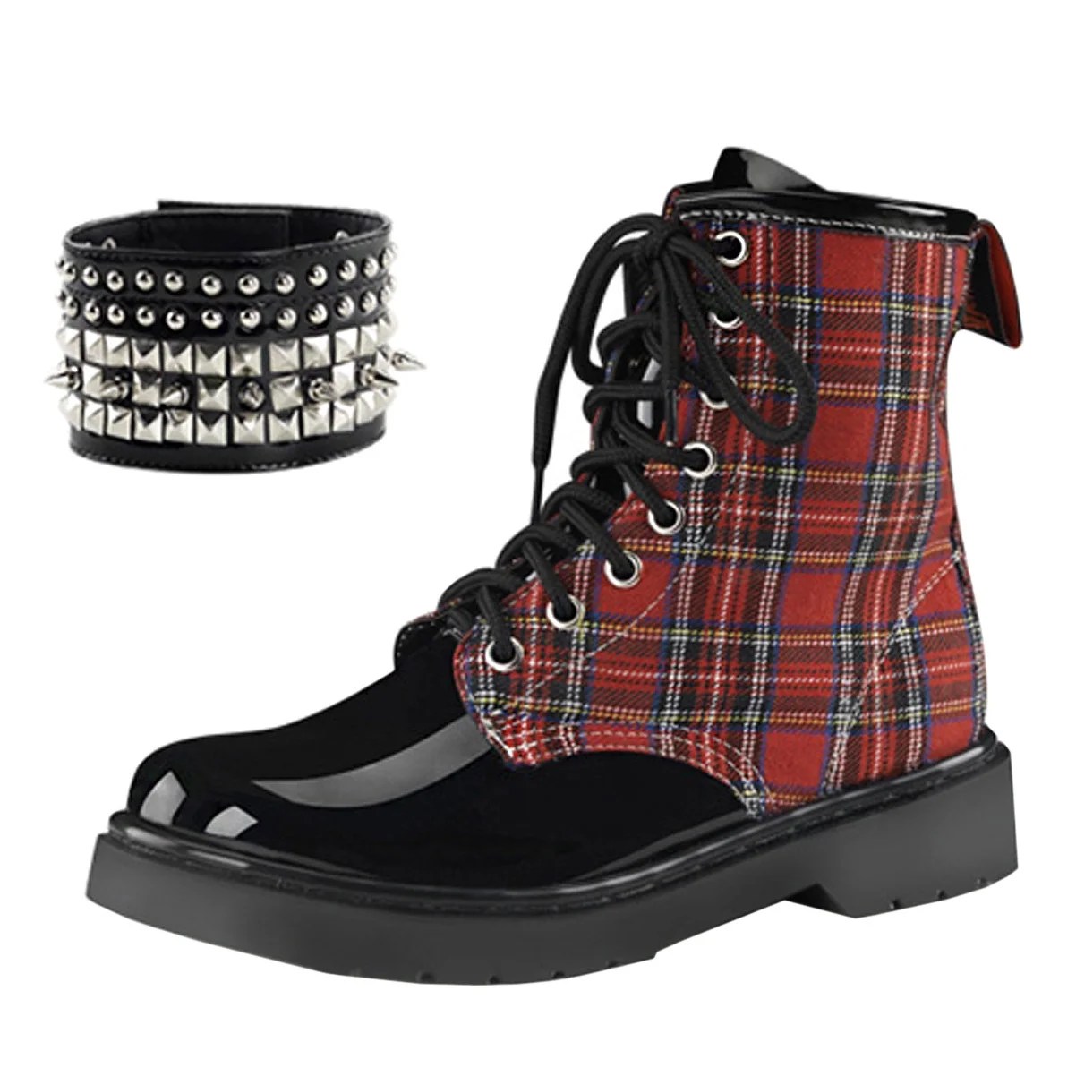 SummitFashions Womens Red Combat Boots Plaid Shoes Studded Cuff Black