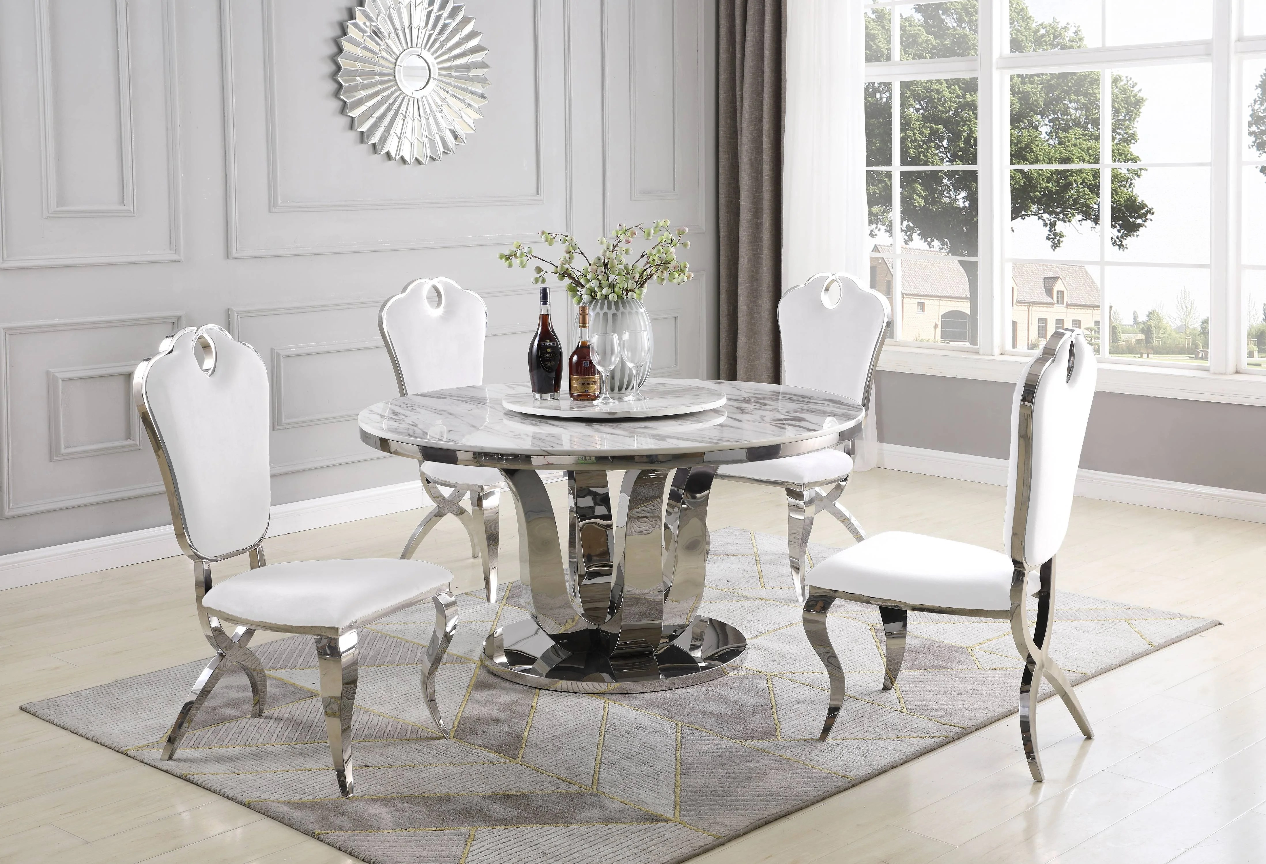 Best Quality Furniture 5pc Round Dining Set w/Lazy Susan, Auth Marble Best Quality Furniture 5pc Round Dining Set w/Lazy Susan, Auth Marble
