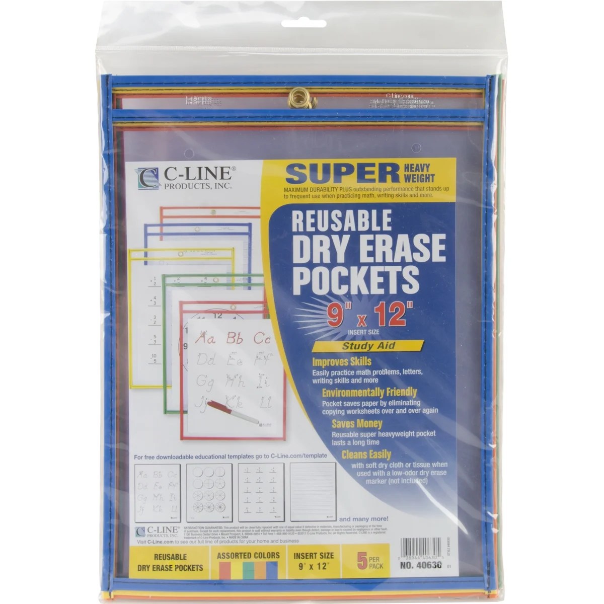 Reusable Dry Erase Pockets 9"X12" 5/Pkg Assorted Primary Colors